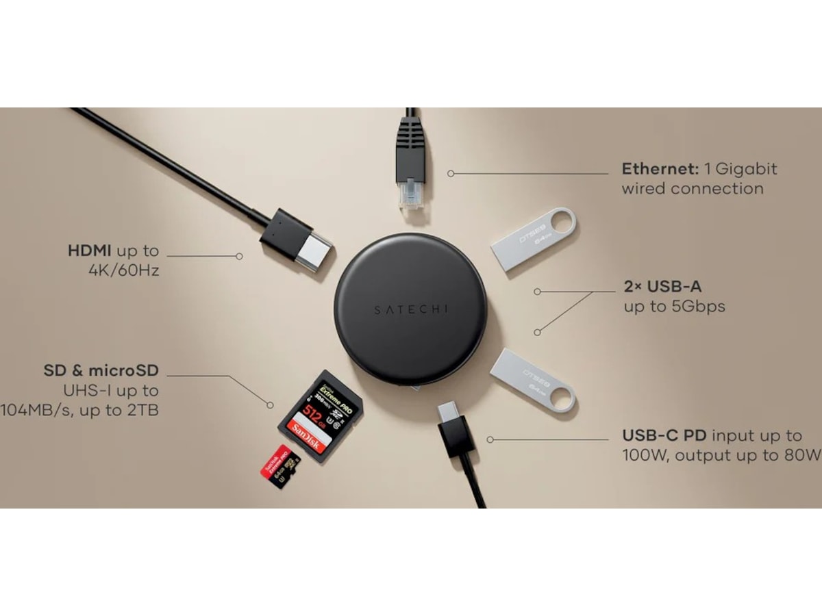 Satechi OntheGo 7-i-1 Multiport USB-C Hub Dockingstasjon & USB-HUB