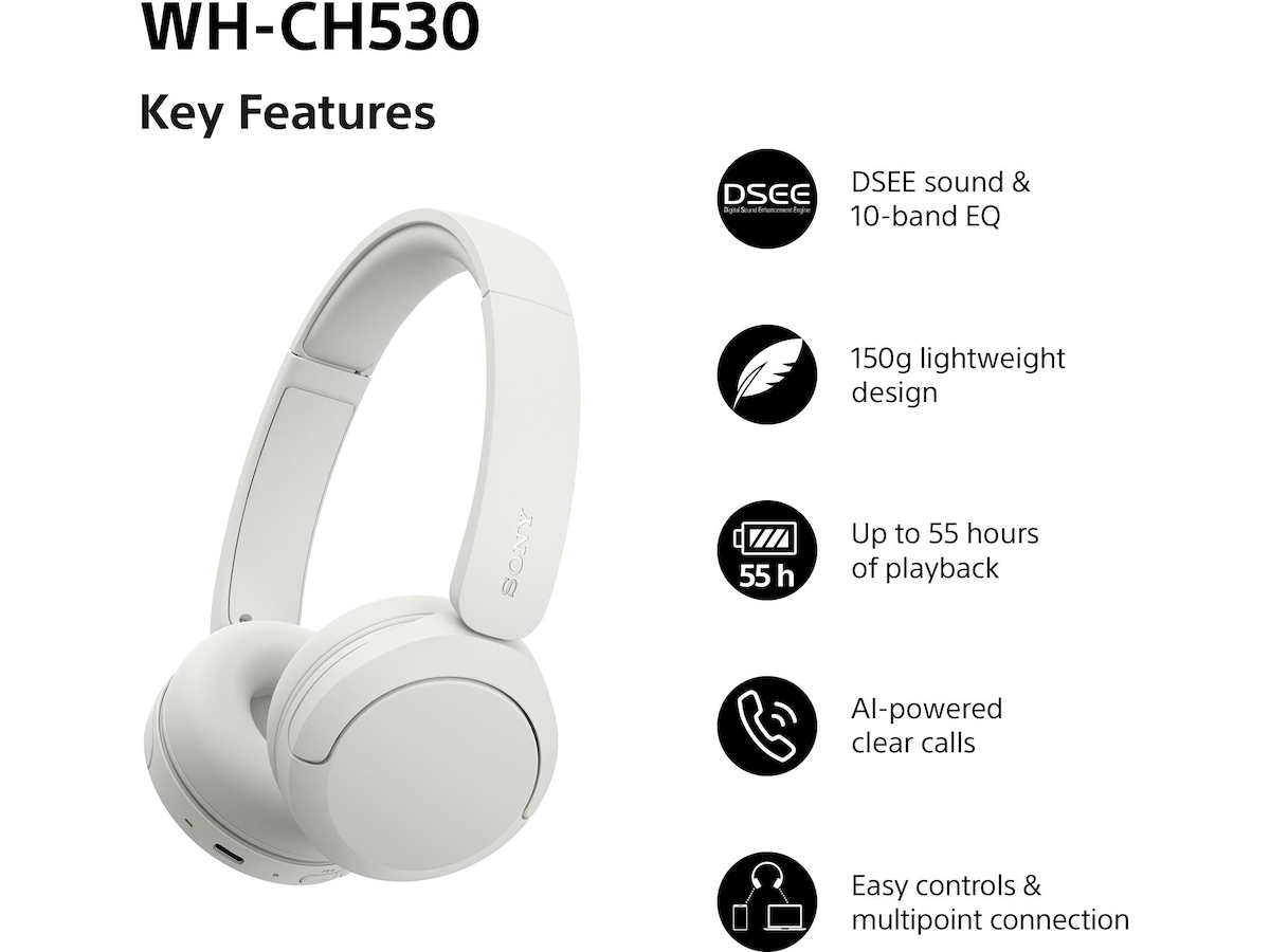 Sony WH-CH530 Trådløse Bluetooth Hodetelefoner (hvit) Hodetelefoner