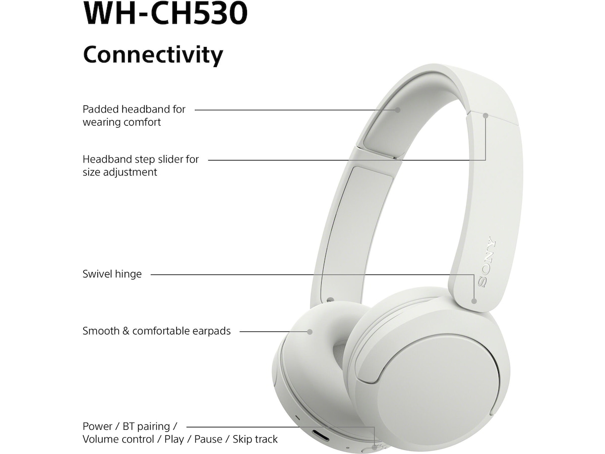 Sony WH-CH530 Trådløse Bluetooth Hodetelefoner (hvit) Hodetelefoner