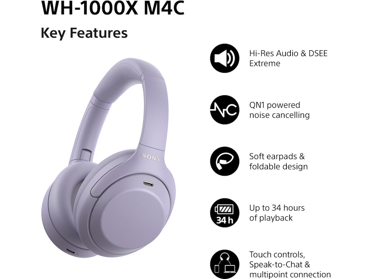 Sony WH-1000XM4C trådløse hodetelefoner (lavender) Hodetelefoner