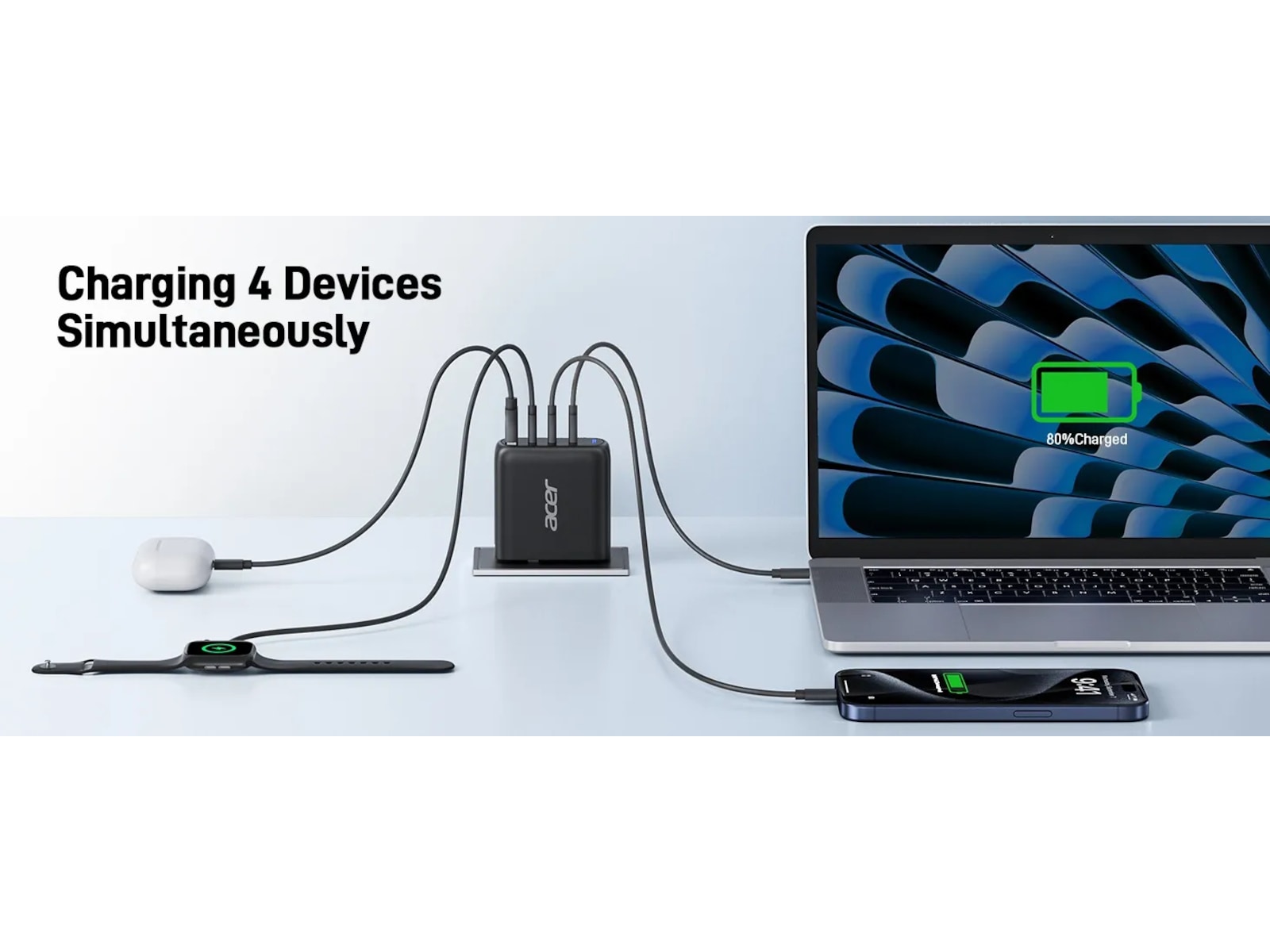 Acer 100W GaN PD-laddare med 4 portar Batteri og lader