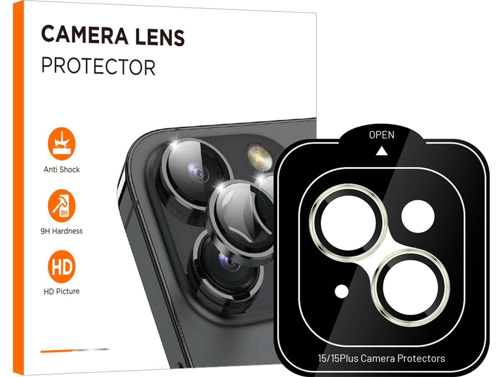 iiglo iPhone 15 / 15 Plus Linsebeskytter gul ramme (gul) Skjermbeskytter