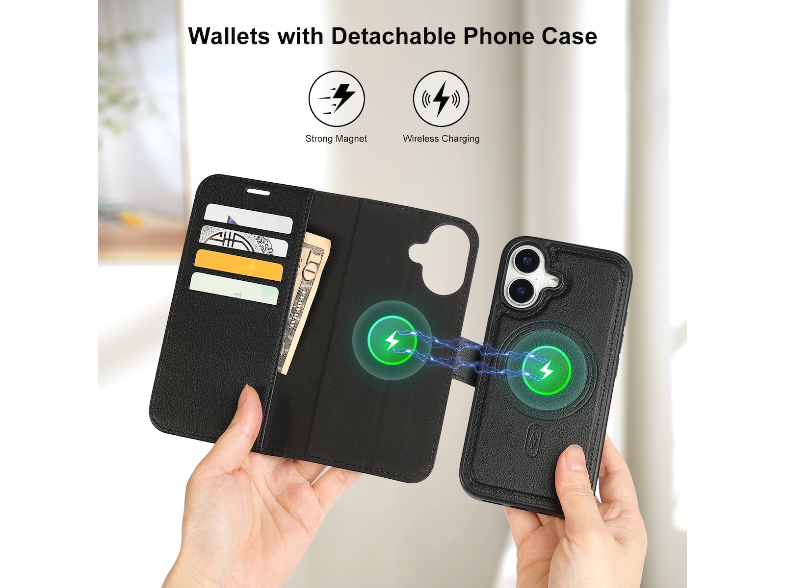 iiglo iPhone 16 2-i-1 Lommebokdeksel (sort) Mobildeksel