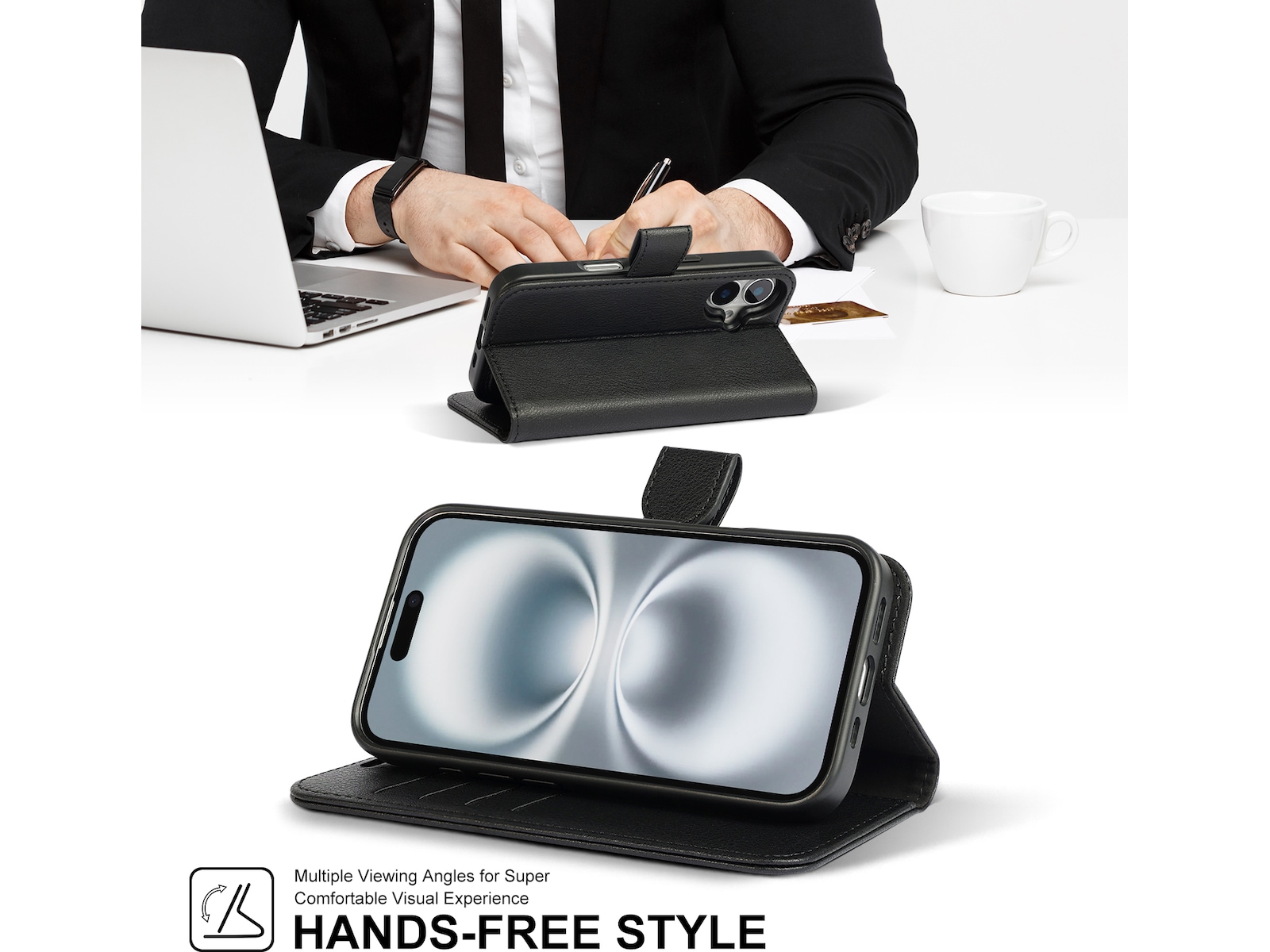 iiglo iPhone 16 2-i-1 Lommebokdeksel (sort) Mobildeksel