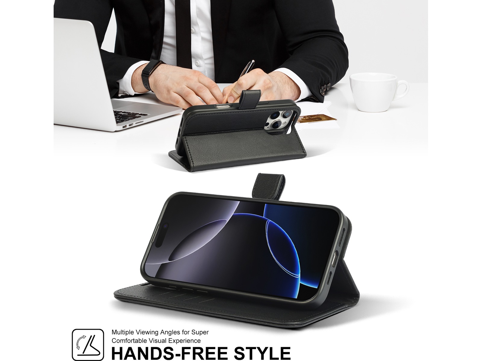 iiglo iPhone 16 Pro Max 2-i-1 Lommebokdeksel (sort) Mobildeksel