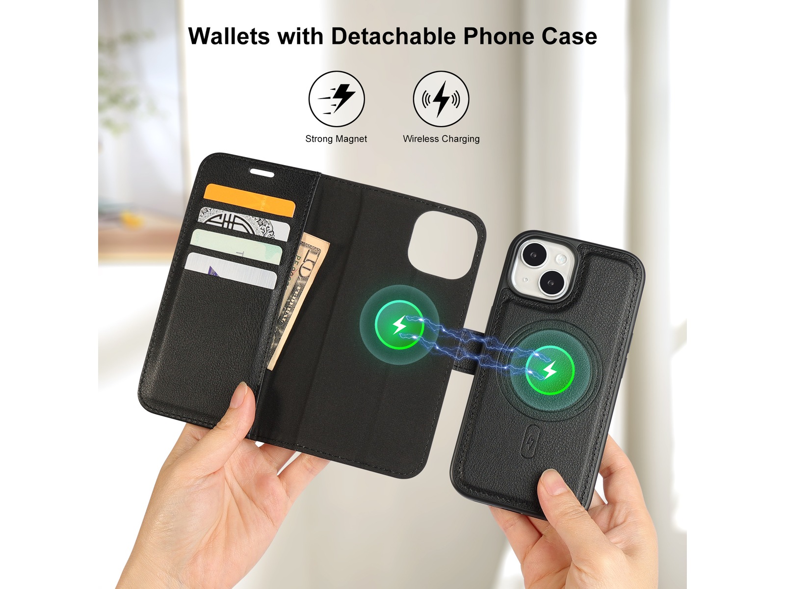 iiglo iPhone 15 2-i-1 Lommebokdeksel (sort) Mobildeksel