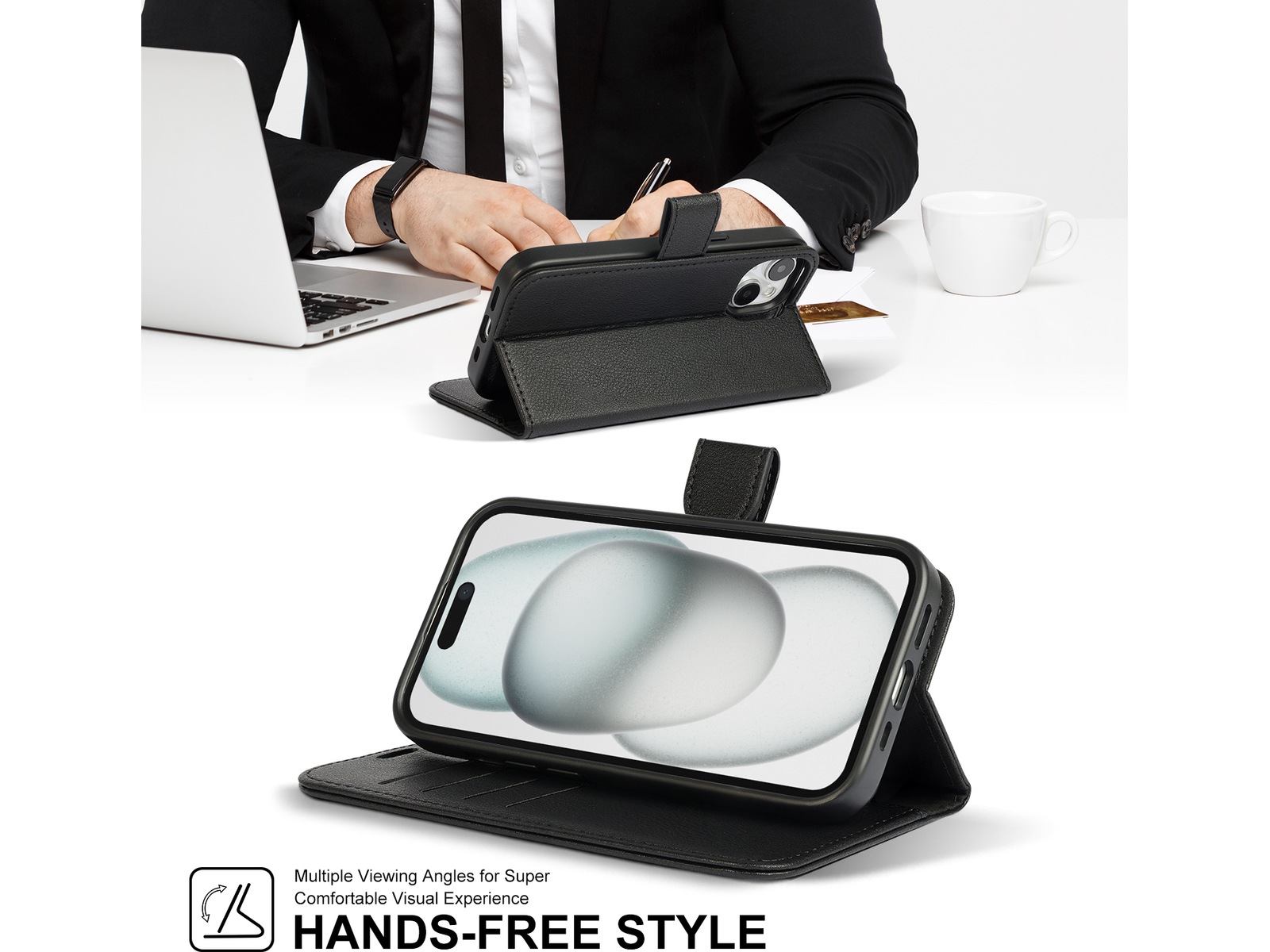 iiglo iPhone 15 2-i-1 Lommebokdeksel (sort) Mobildeksel