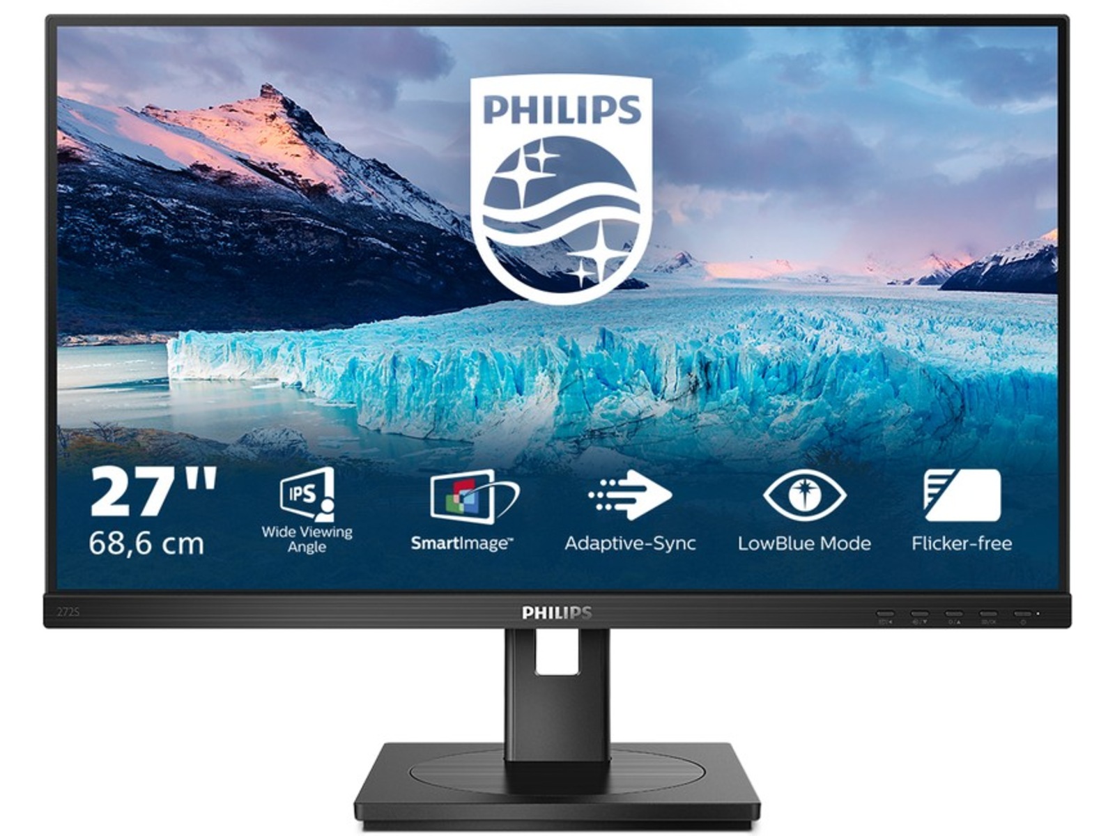 Philips 27" skjerm 272S1M/00 1920x1080 IPS, 75hz, 4ms, 1000:1, Speakers, VGA/DVI/HDMI/DP