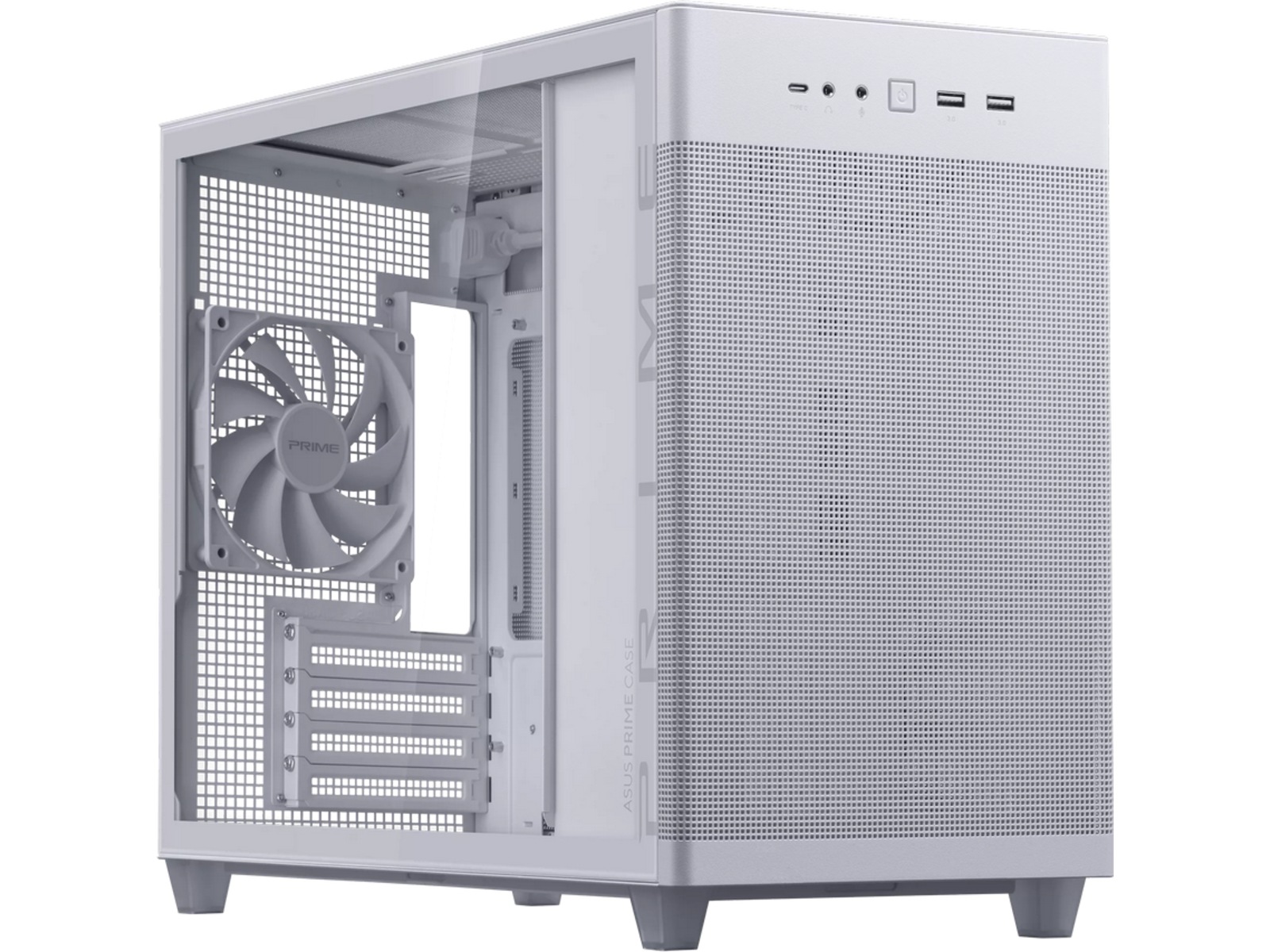 ASUS Prime AP201 Tempered Glass Mini Tower (hvit) Vifte: 1 x 120 MM, Mesh, ITX, mATX, 360 AIO support, 338 MM VGA support.