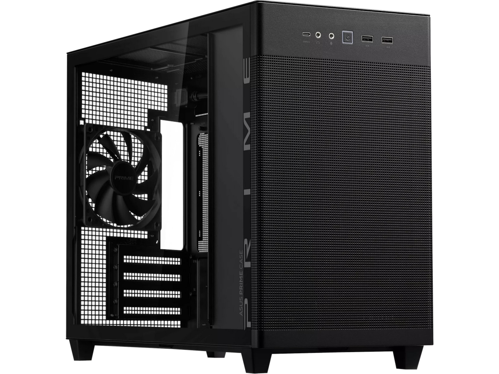 ASUS Prime AP201 Tempered Glass Mini Tower (sort) Vifte: 1 x 120 MM, Mesh, ITX, mATX, 360 AIO support, 338 MM VGA support.