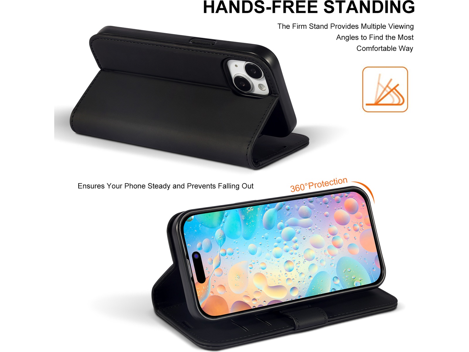 iiglo iPhone 15 / 14 Lommebokdeksel (sort) Mobildeksel