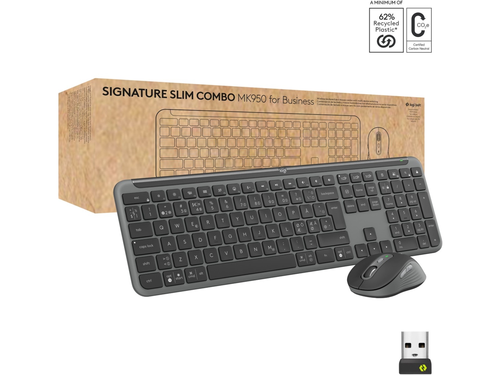 Logitech Signature Slim Combo MK950 for Business (graphite)  Bluetooth, USB, 4000 PPI, 6 knapper, gummigrep, SilentTouch