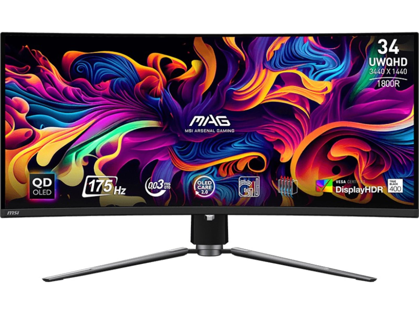MSI 34" curved gamingskjerm 341CQP 3440x1440 QD-OLED, 175hz, 0.03ms, 1.5m:1, HDR400, 2xHDMI/DP