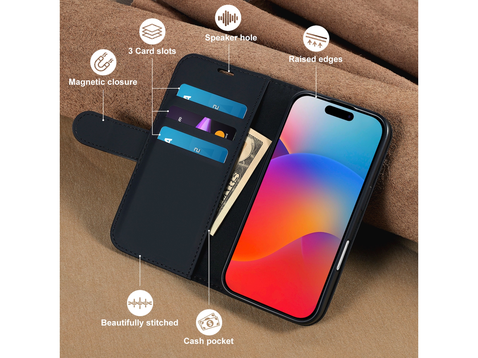 iiglo iPhone 16 Plus Lommebokdeksel (sort) Mobildeksel