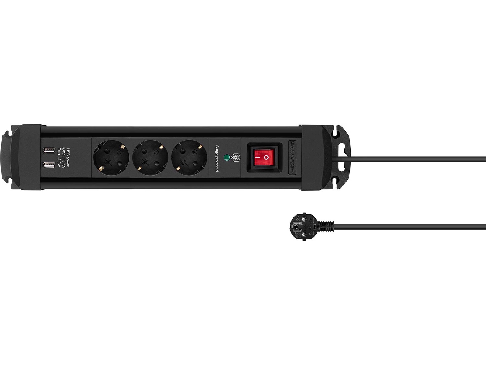 Andersson Strømforgrener 3x uttak og  2x USB 1,5m (sort) Skjøtekabel & forgrener