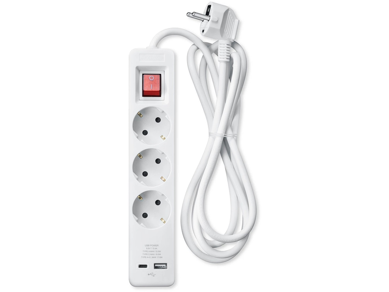 Andersson Strømforgrener 3x uttak og  2x USB 1,5m (hvit) Skjøtekabel & forgrener