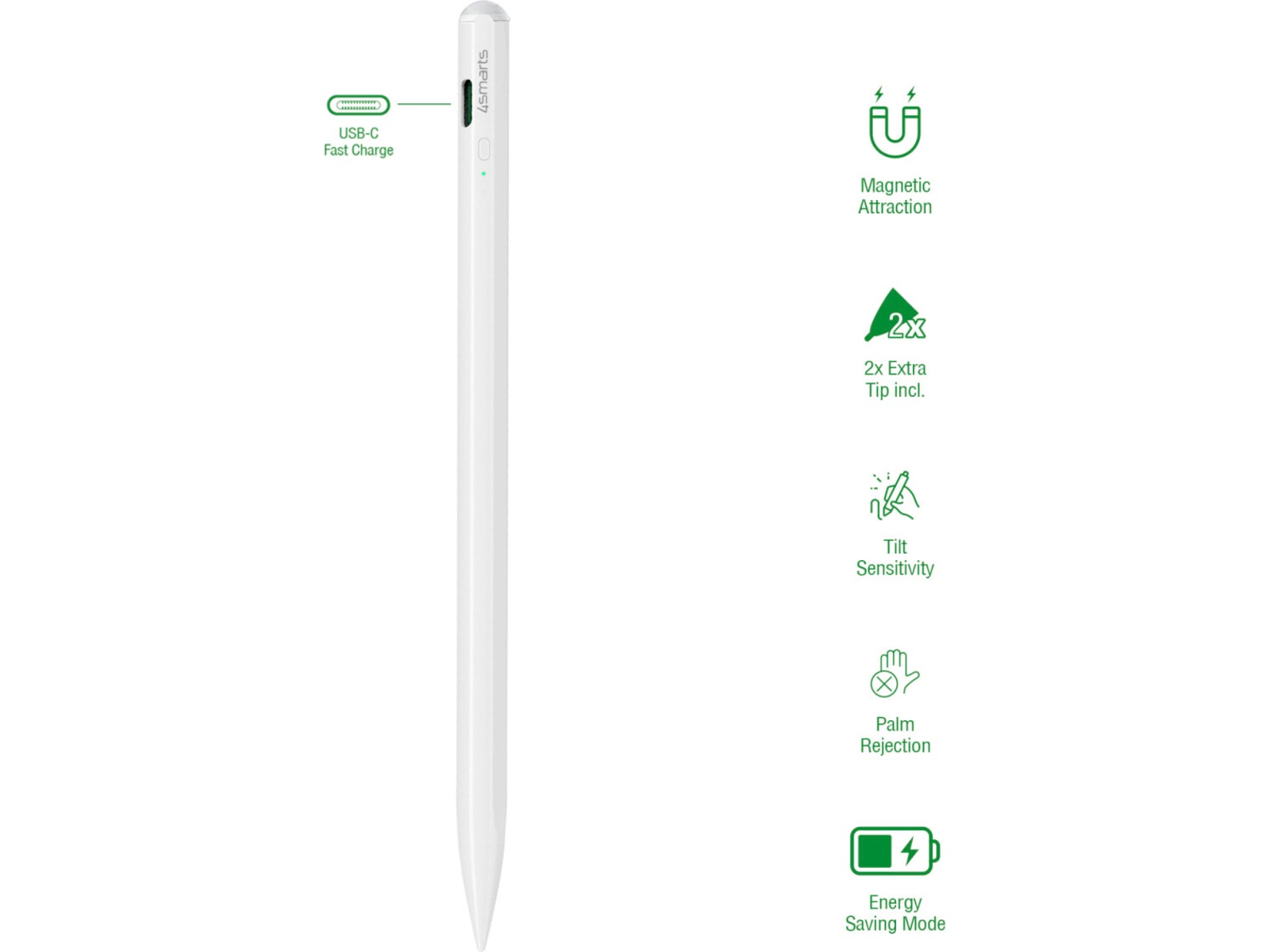 4smarts Pencil Pro 3 iPad stylus (hvit) USB-C hurtiglading, kompatibel med Apple Pencil Tips