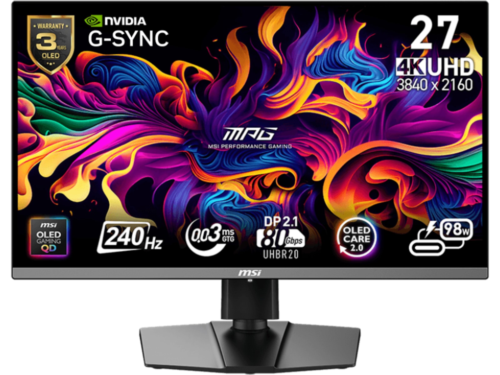 MSI 27" 4K gamingskjerm MPG272URX 3840x2160 QD-OLED, 240hz, 0.03 ms, 1000:1, HDR400, 2xHDMI/DP