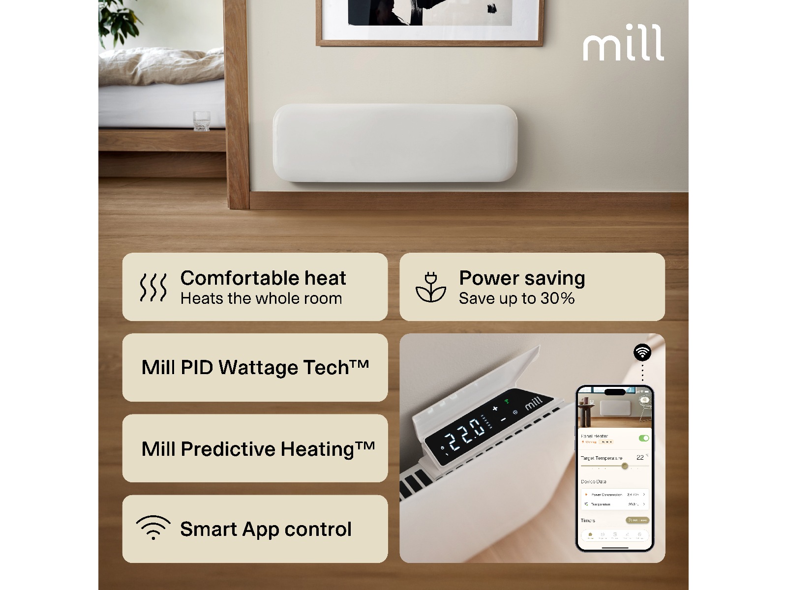 Mill Invisible Smart WiFi Gen 4 panellist 500W Panelovner