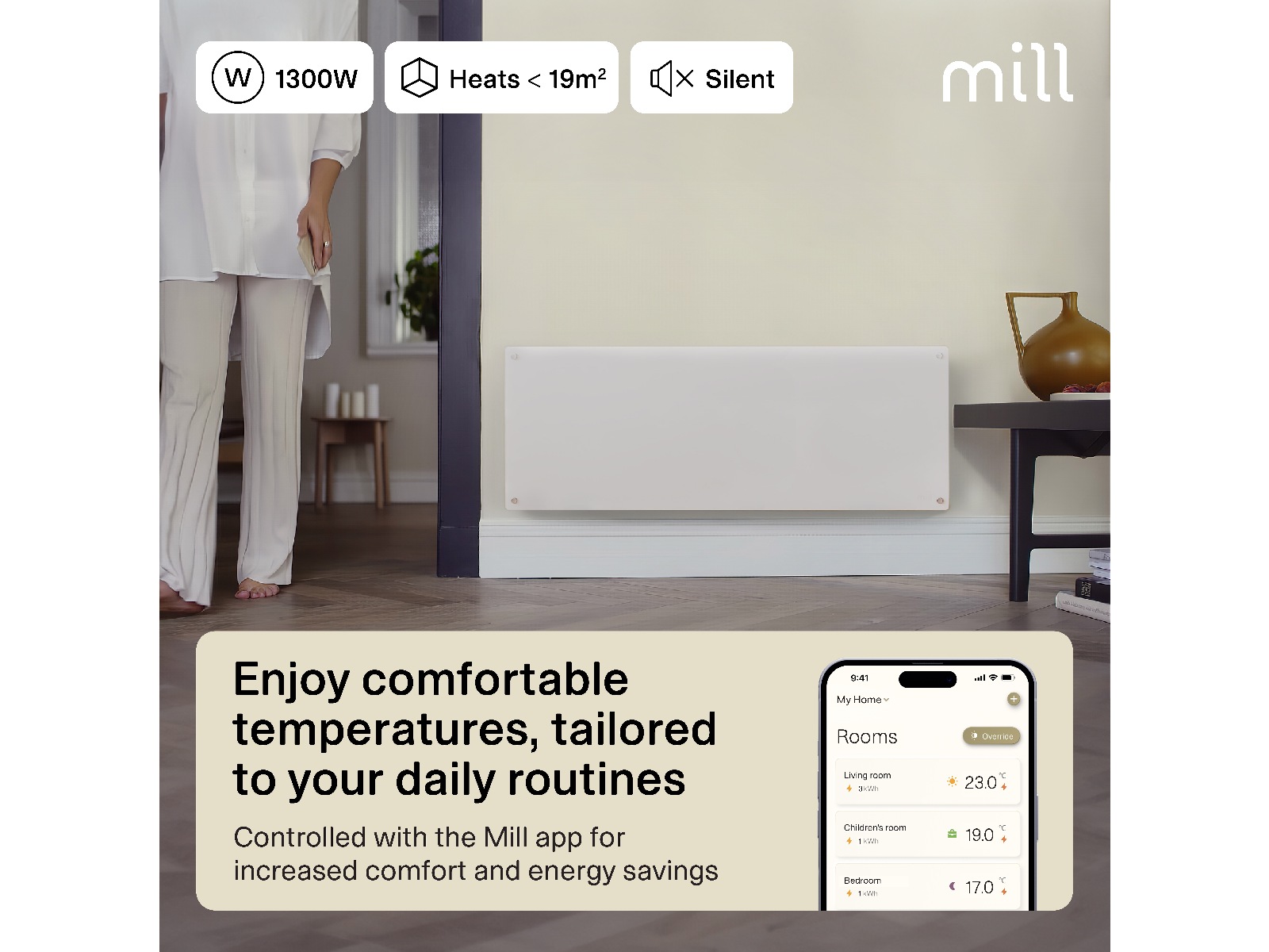 Mill Glass Smart WiFi Gen 4 panelovn 1300W (hvit) Panelovner