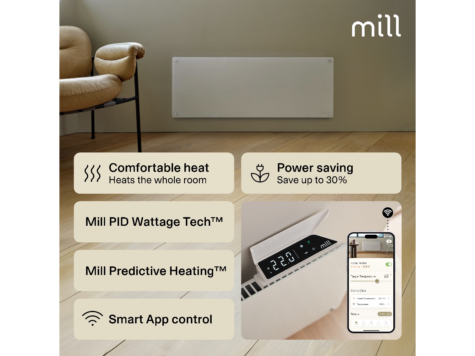 Mill Glass Smart WiFi Gen 4 panelovn 1300W (hvit) Panelovner