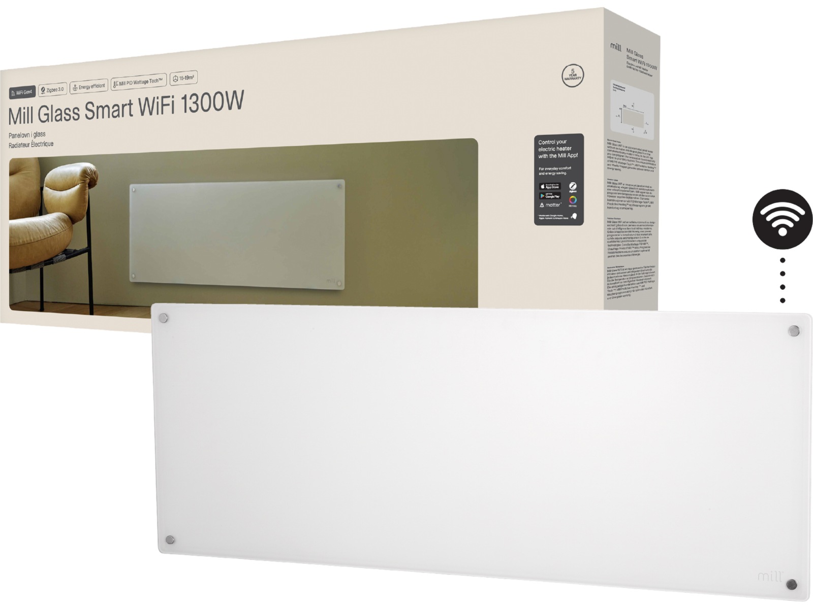 Mill Glass Smart WiFi Gen 4 panelovn 1300W (hvit) Panelovner
