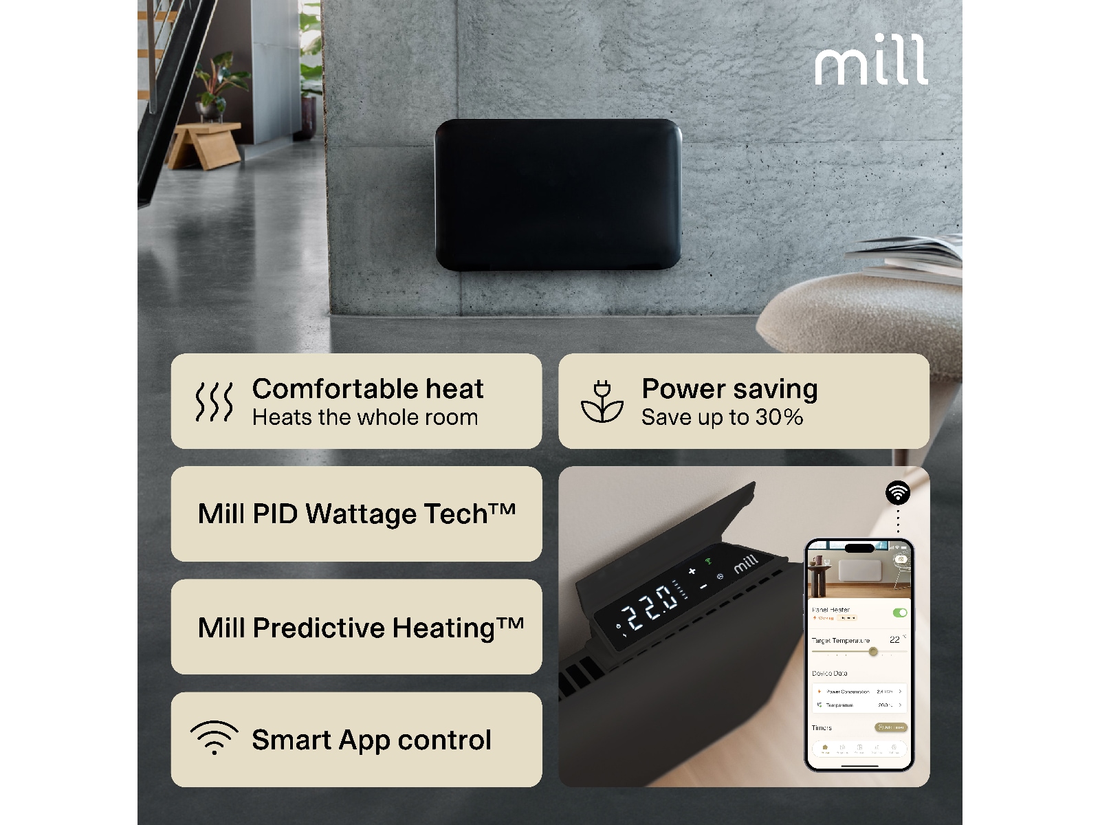 Mill Invisible Smart WiFi Gen 4 panelovn 700W (sort) Panelovner