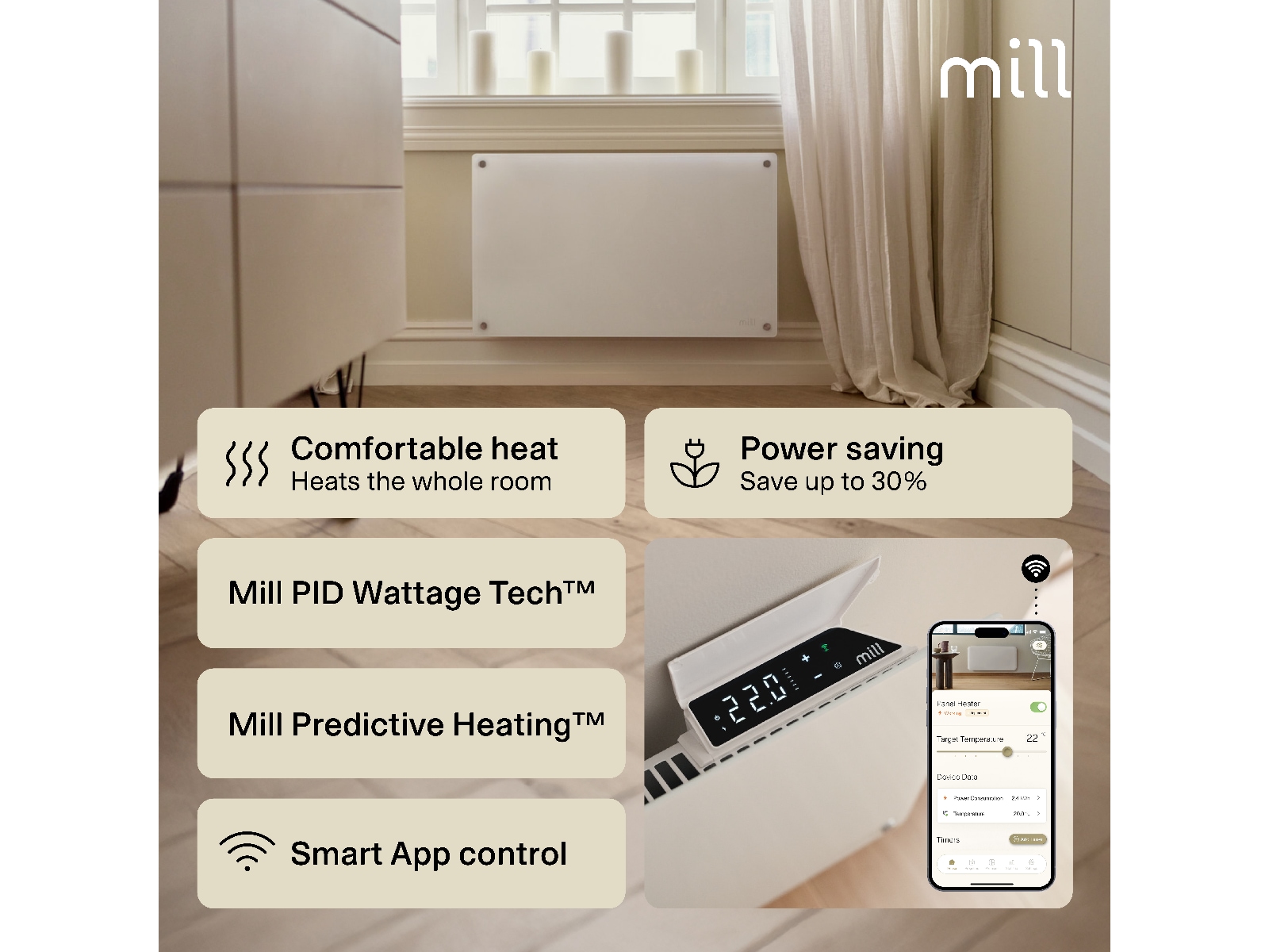 Mill Glass Smart WiFi Gen 4 panelovn 700W (hvit) Panelovner