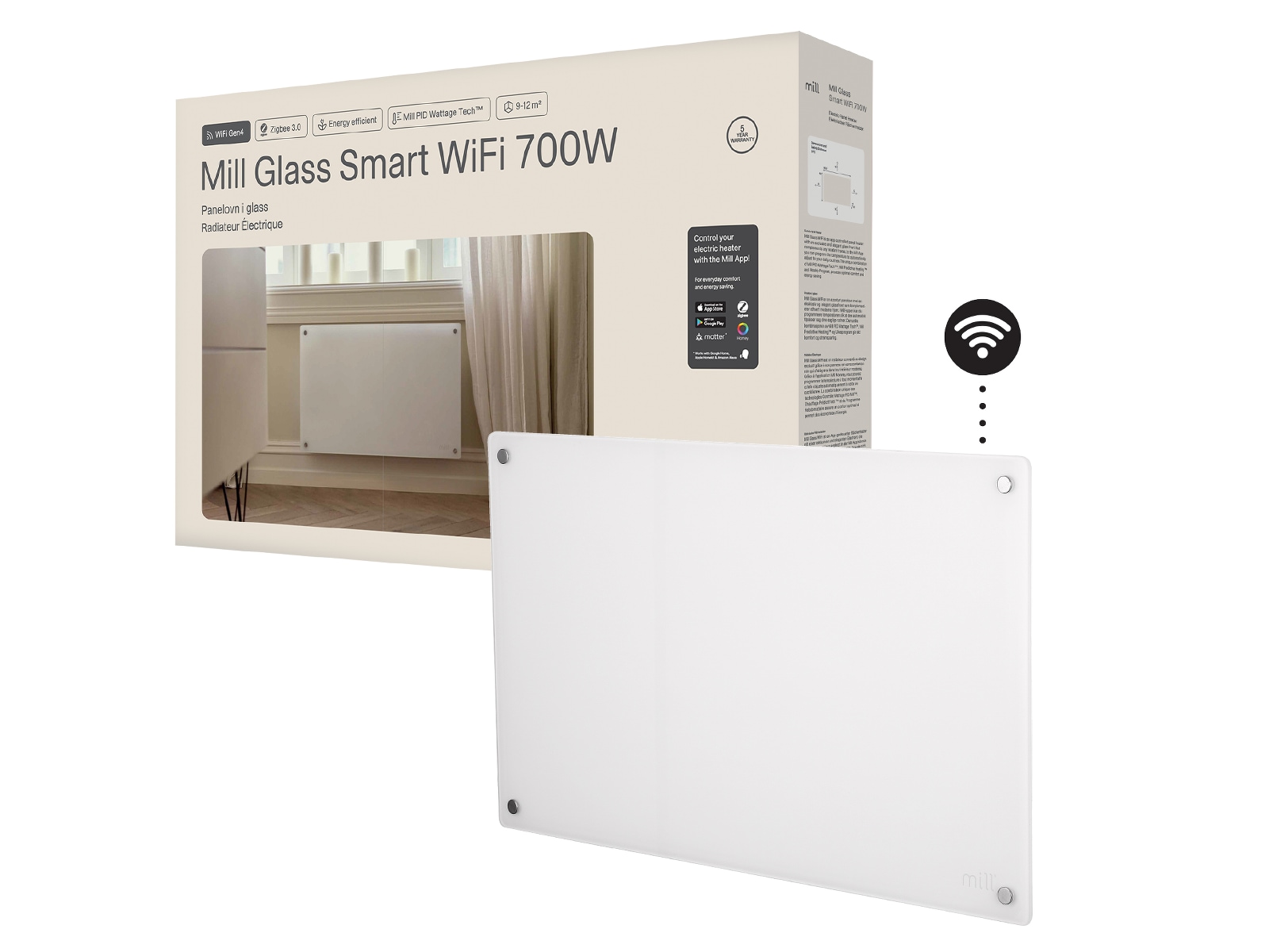 Mill Glass Smart WiFi Gen 4 panelovn 700W (hvit) Panelovner