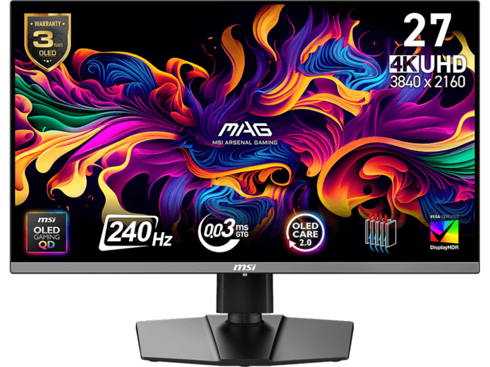 MSI 27" 4K gamingskjerm MAG 272UP X24 3840x2160 QD-OLED, 240hz, 0.03 ms, 1000:1, HDR400, 2xHDMI/DP/USB-C
