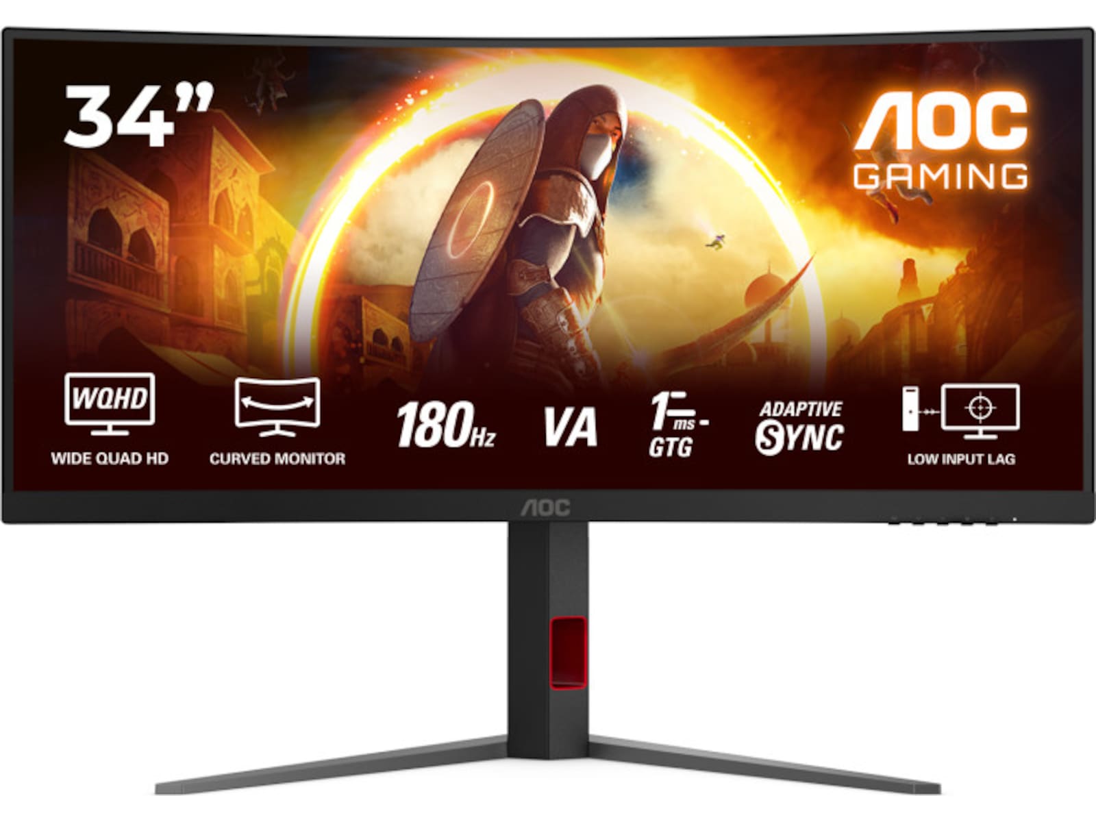 AOC 34" curved gamingskjerm CU34G4 3440x1440 VA, 180hz, 0.5ms, 3000:1, HDR10, 2xHDMI/DP