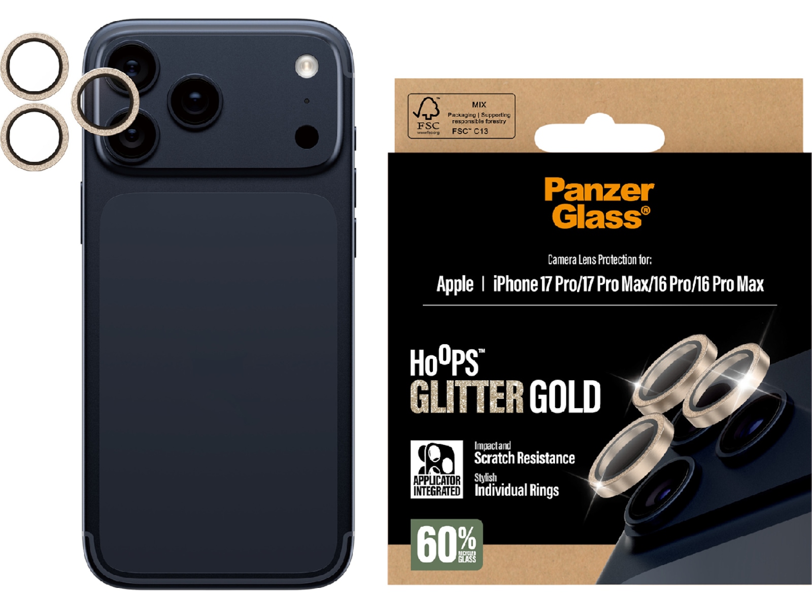 PanzerGlass iPhone 17 Pro / 17 Pro Max / 16 Pro / 16 Pro Max Hoops Linsebeskytter (glitter gold) Skjermbeskytter