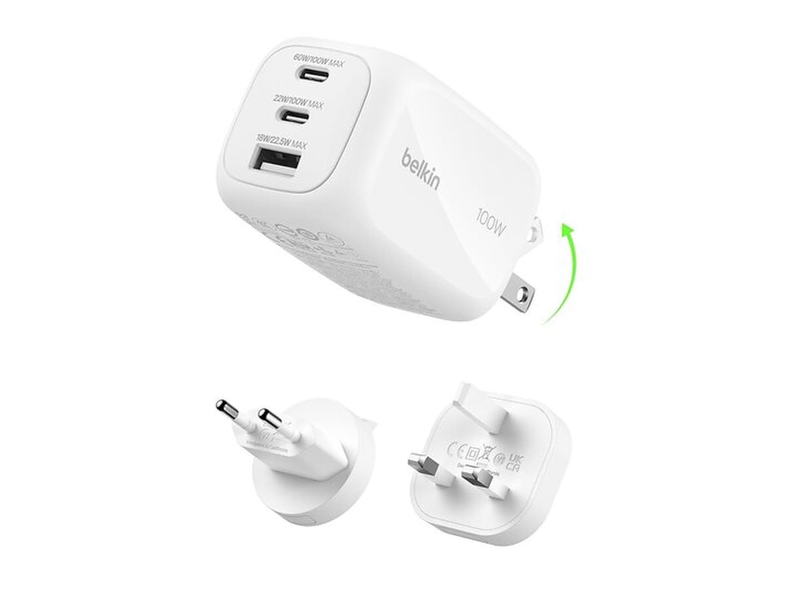 Belkin BoostCharge Pro GaN 100W vegglader + reiseadapter Mobilladere