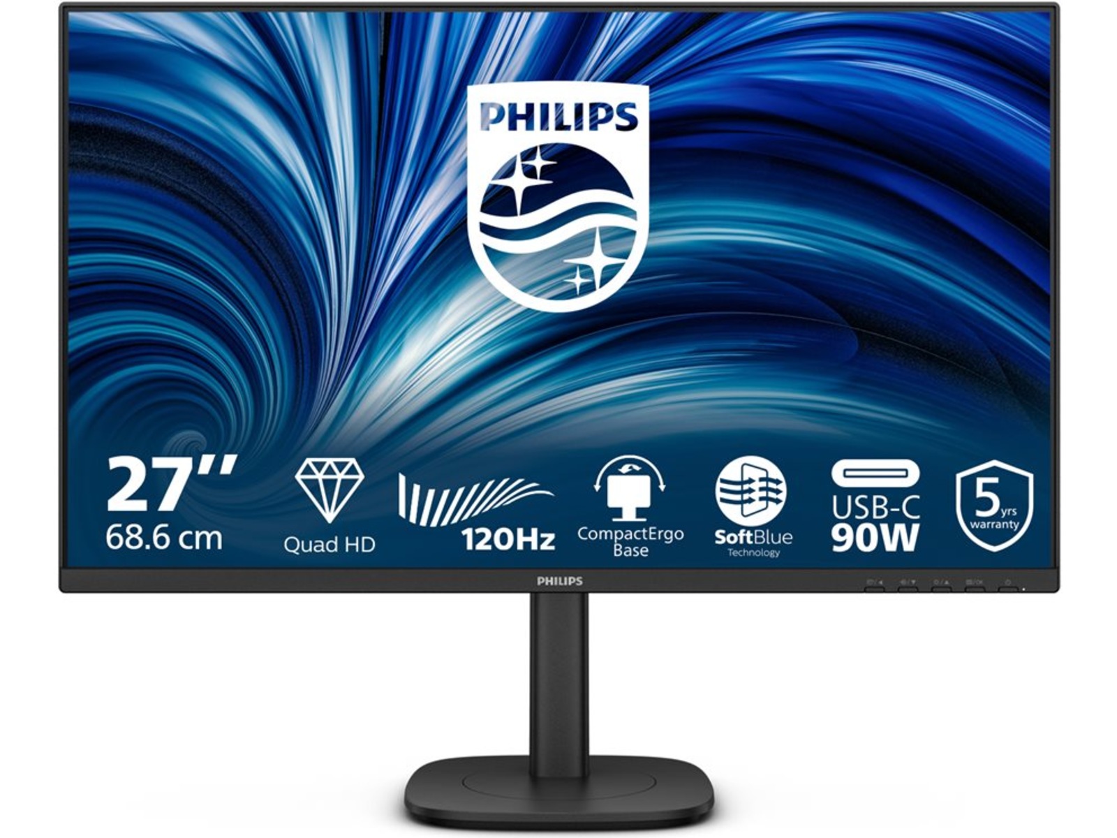 Philips 27" skjerm 27B2U3601/00 2560x1440 IPS, 120Hz, 4ms, 1000:1, RJ45, 2xHDMI/DP/USB-C(90W)