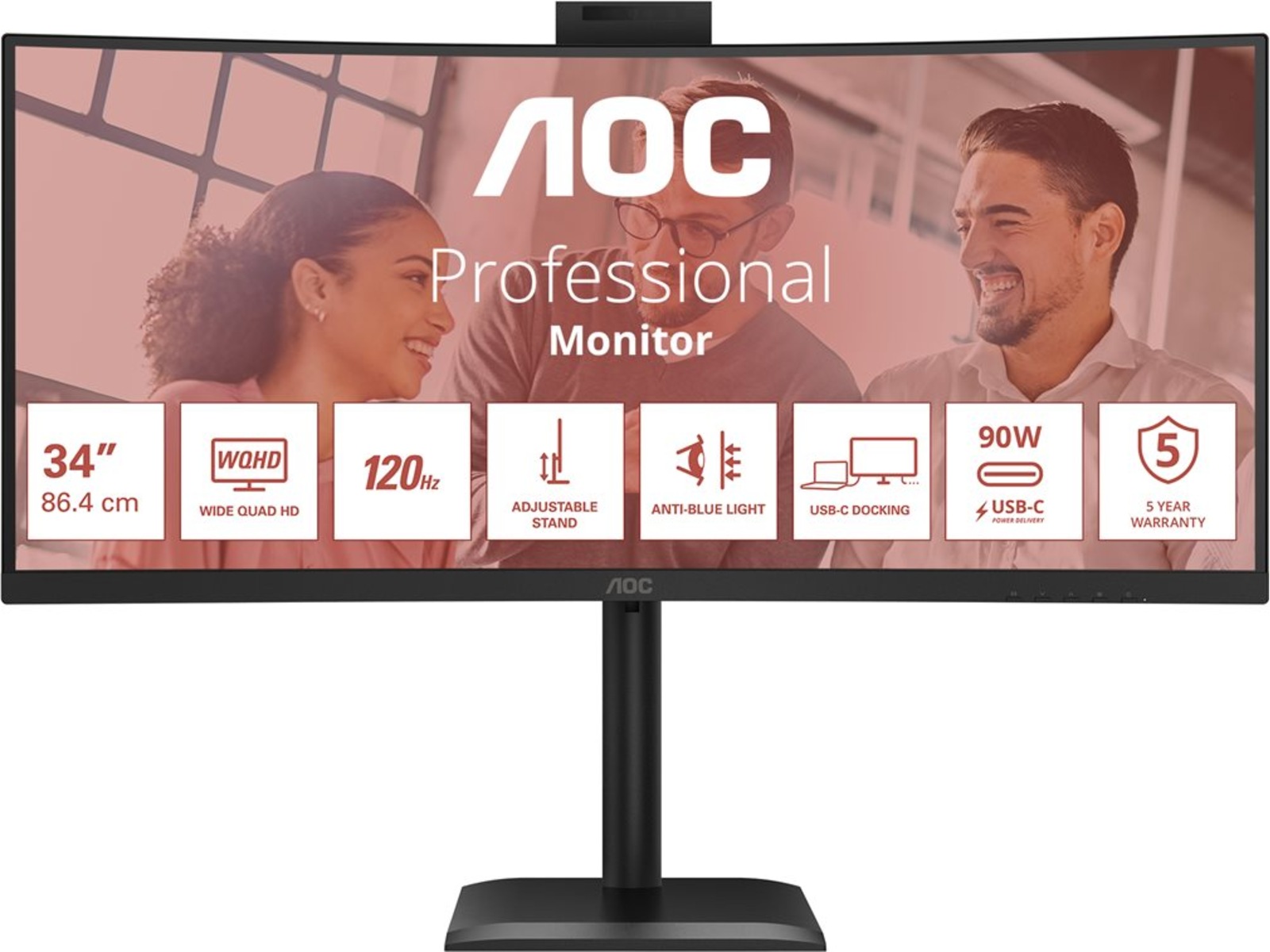 AOC 34" curved skjerm CU34E4CW 3440x1440 VA. 120hz, 4ms, 3500:1, kamera, RJ45, 2xHDMI/DP/USB-C(90w)