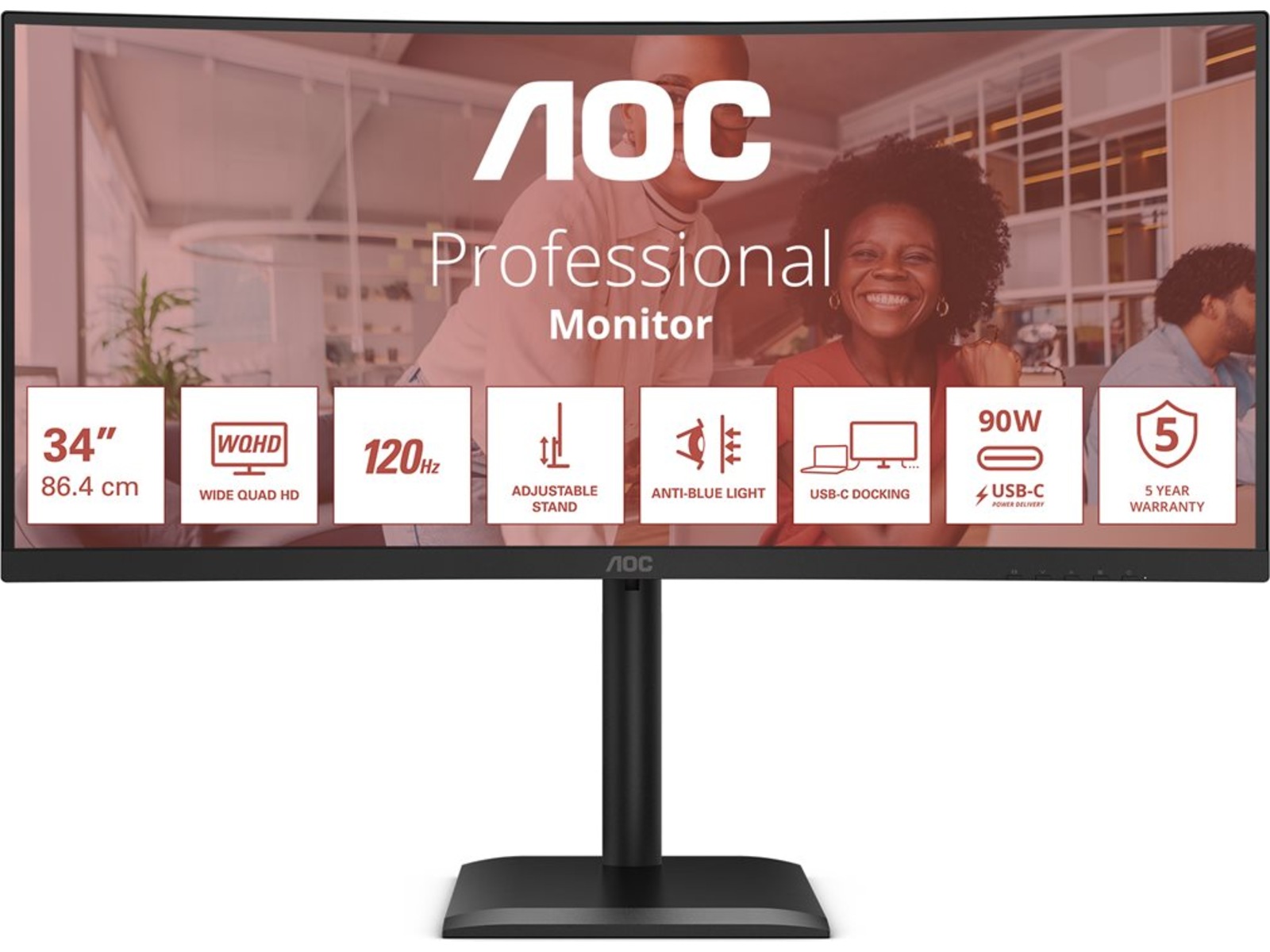 AOC 34" buet skjerm CU34E4CV 3440x1440 VA. 120hz, 4ms, 3500:1, RJ45, 2xHDMI/DP/USB-C(90w)