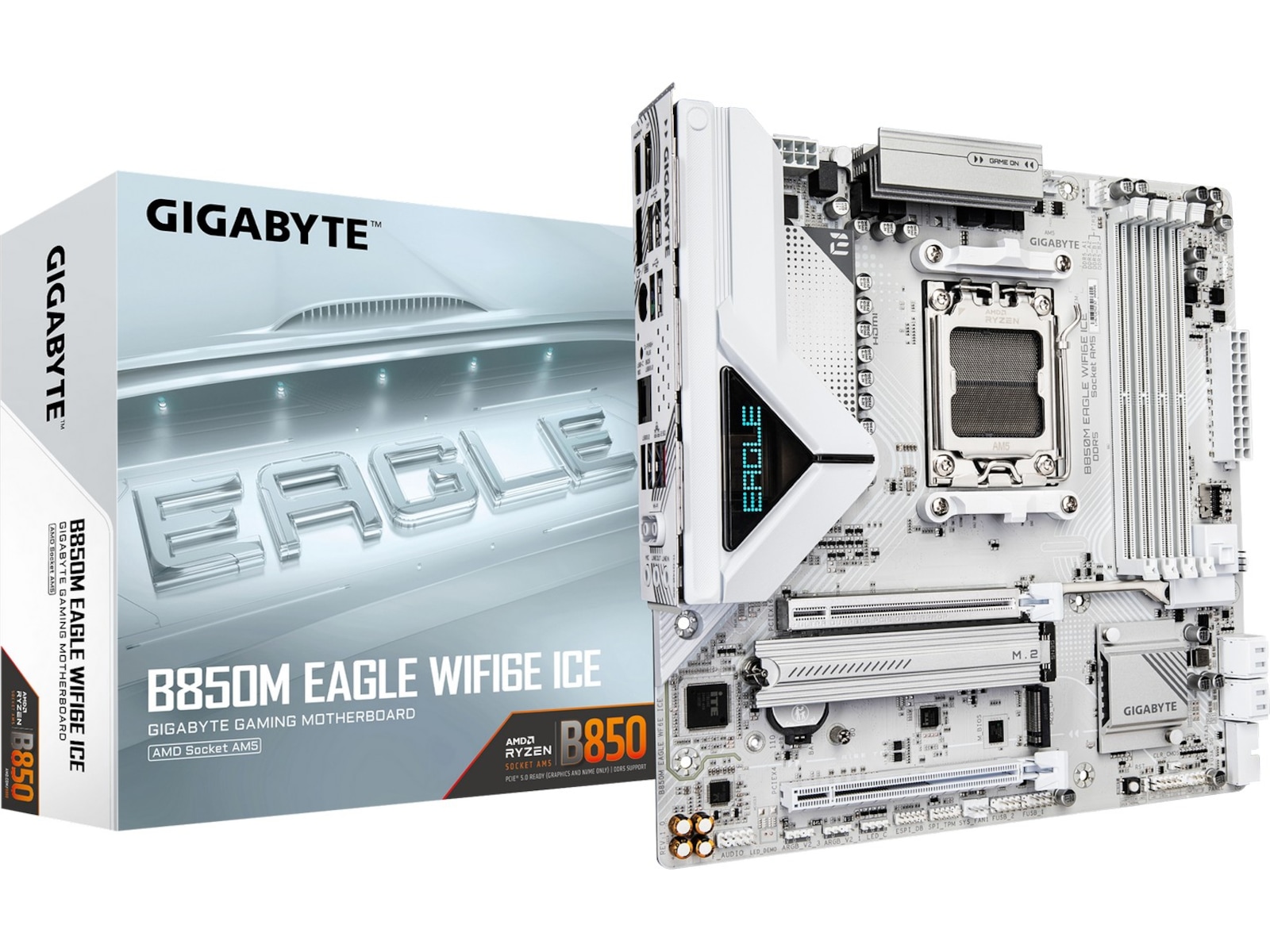 Gigabyte B850M EAGLE WIFI6E ICE Hovedkort AM5, Micro ATX, DDR5, 1x PCIe 5.0, 2x M.2