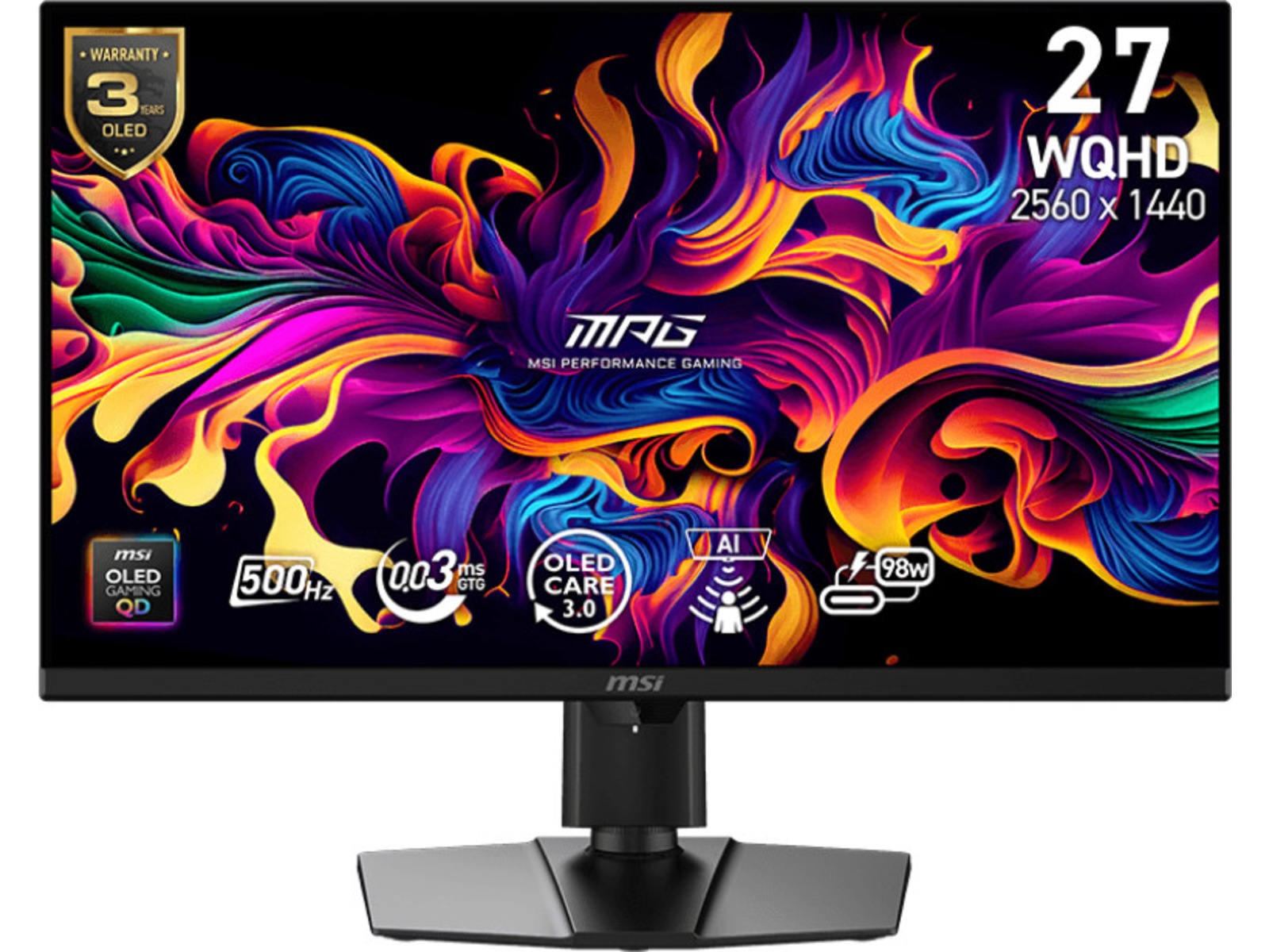 MSI 27" gamingskjerm MPG 271QR X50 2560x1440 QD-OLED, 500hz, 0,03ms, 1,5m:1, HDR 500. 2xHDMI/DP/USB-C(98w)