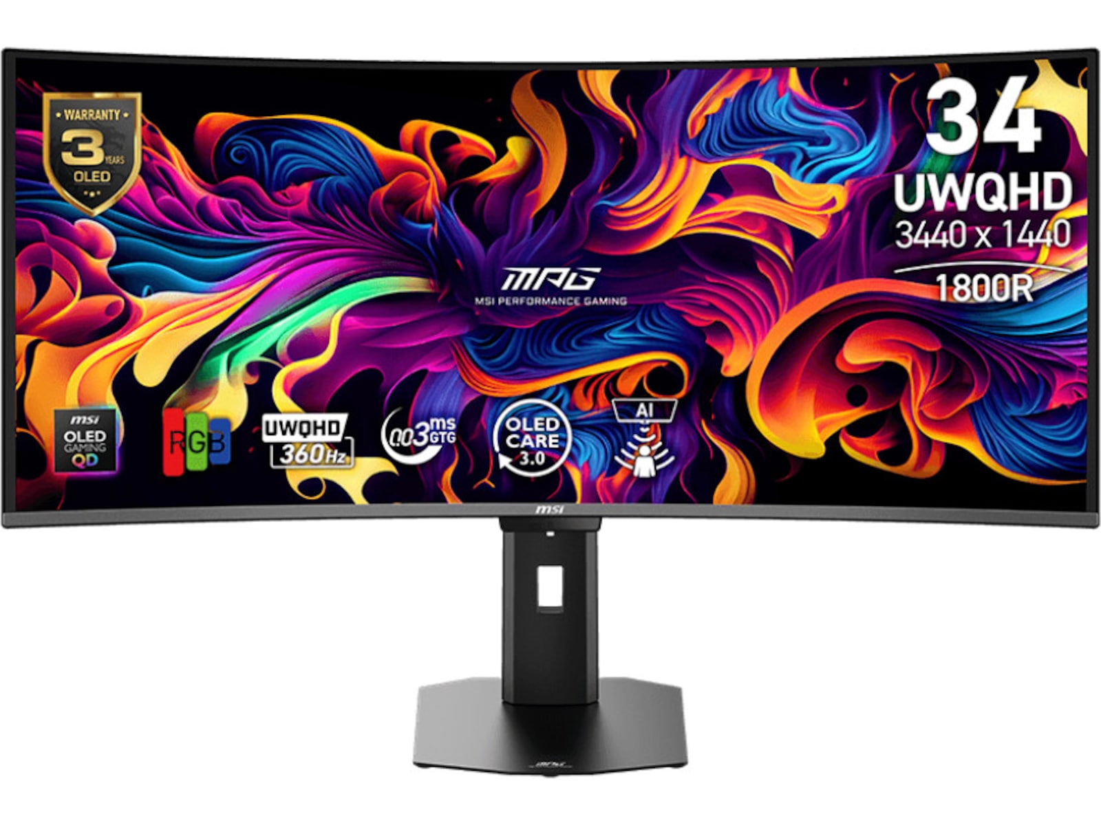 MSI 34" curved gamingskjerm MPG 341CQR X36 3440x1440 QD-OLED, 360hz, 0.03ms, 15m:1, HDR500, 2xHDMI/DP/USB-C