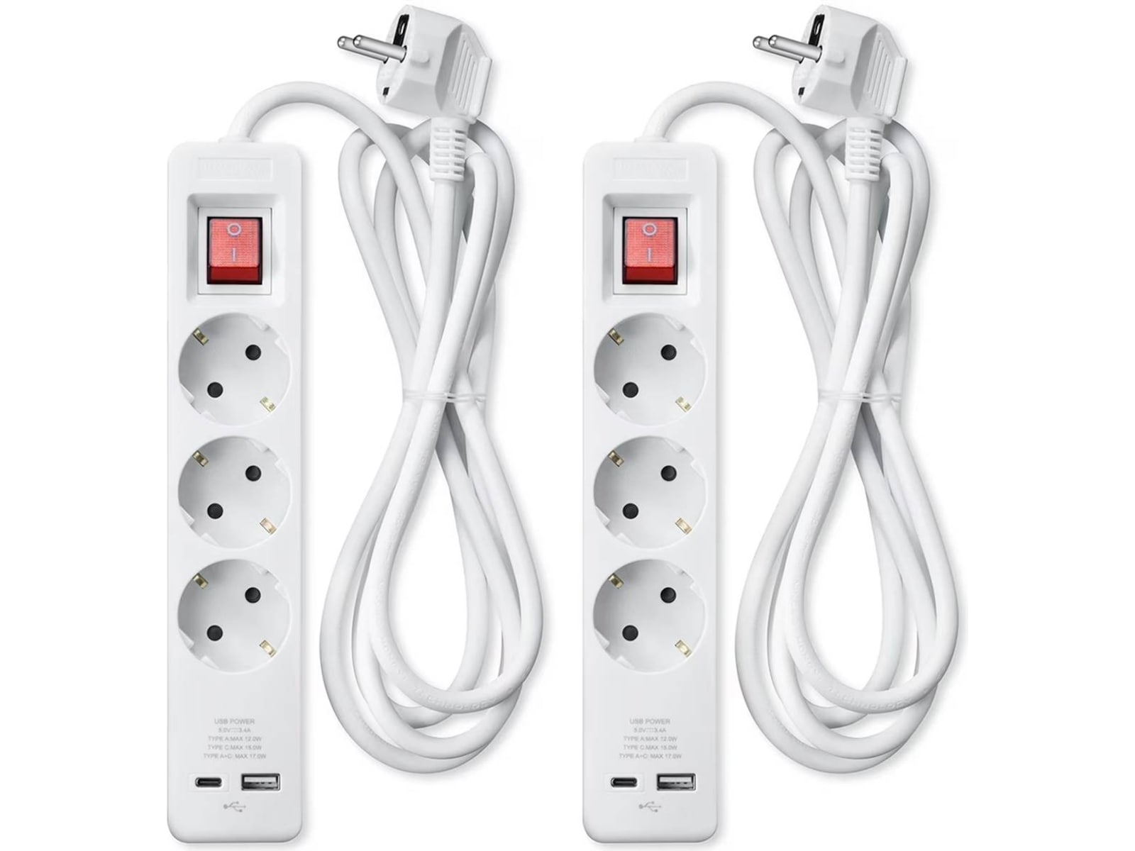 Andersson Strømforgrener 3 uttak 2 USB 1,5m (hvit) 2pk Skjøtekabel & forgrener