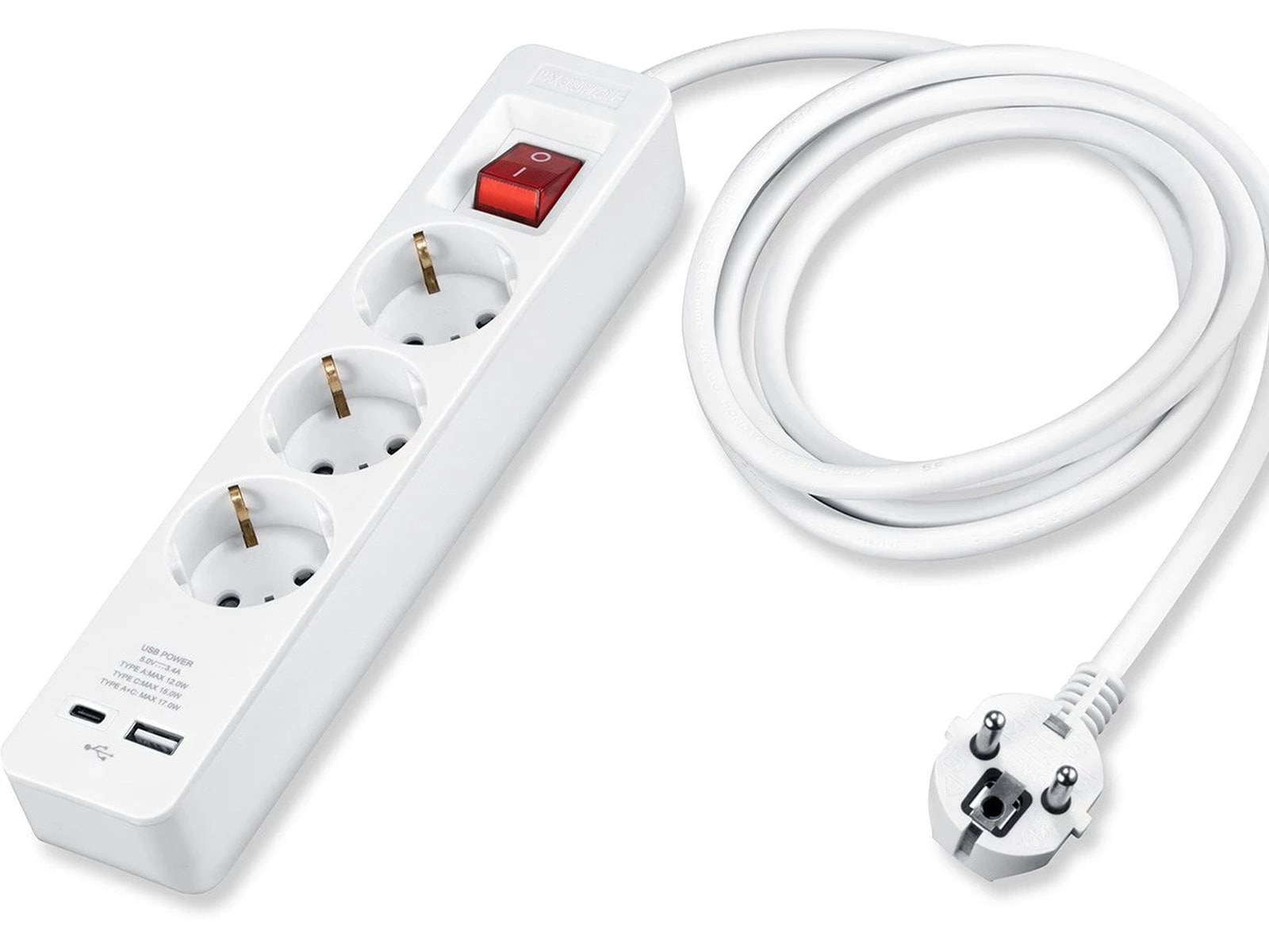 Andersson Strømforgrener 3 uttak 2 USB 1,5m (hvit) 2pk Skjøtekabel & forgrener