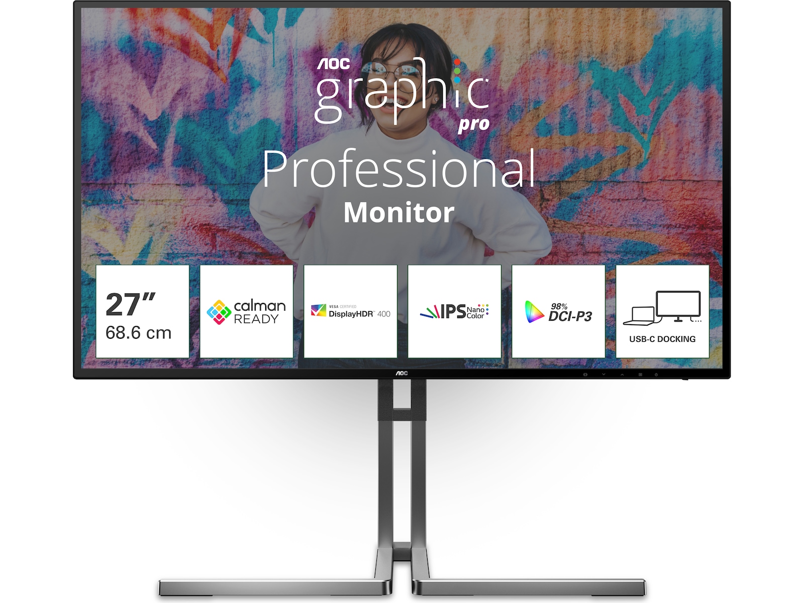 AOC 27" 4K skjerm Graphic Pro U27U3CV 3840x2160 Nano IPS, 4ms, 1000:1, REC.709, HDR400, 2xHDMI/DP/USB-C(90w)