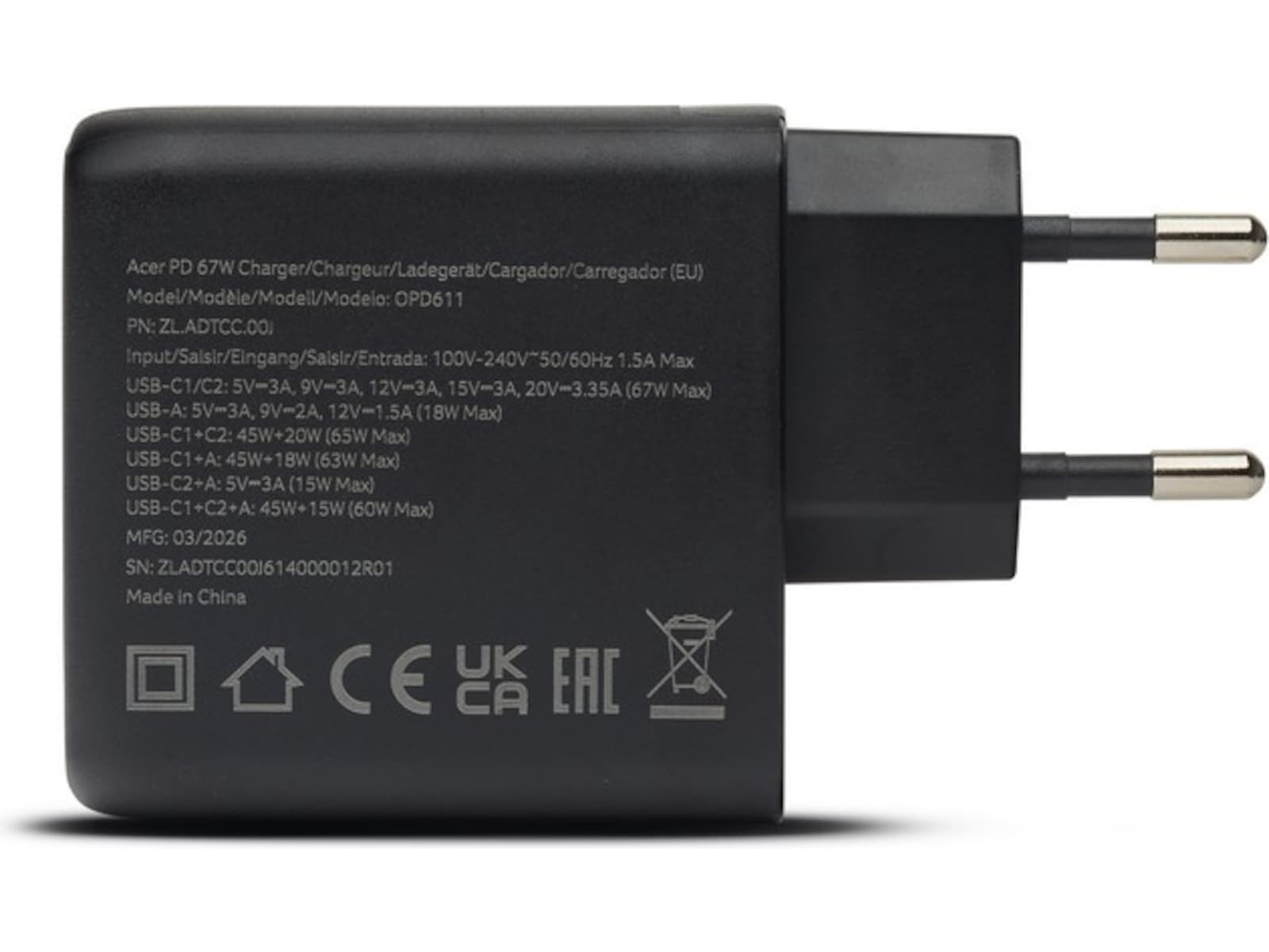 Acer 67W GaN PD-lader med 3 porter Batteri og lader