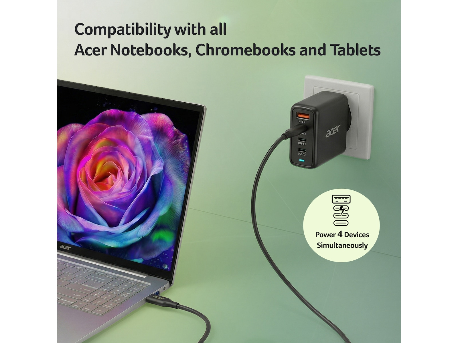 Acer 100W GaN PD-lader med 4 porter Batteri og lader