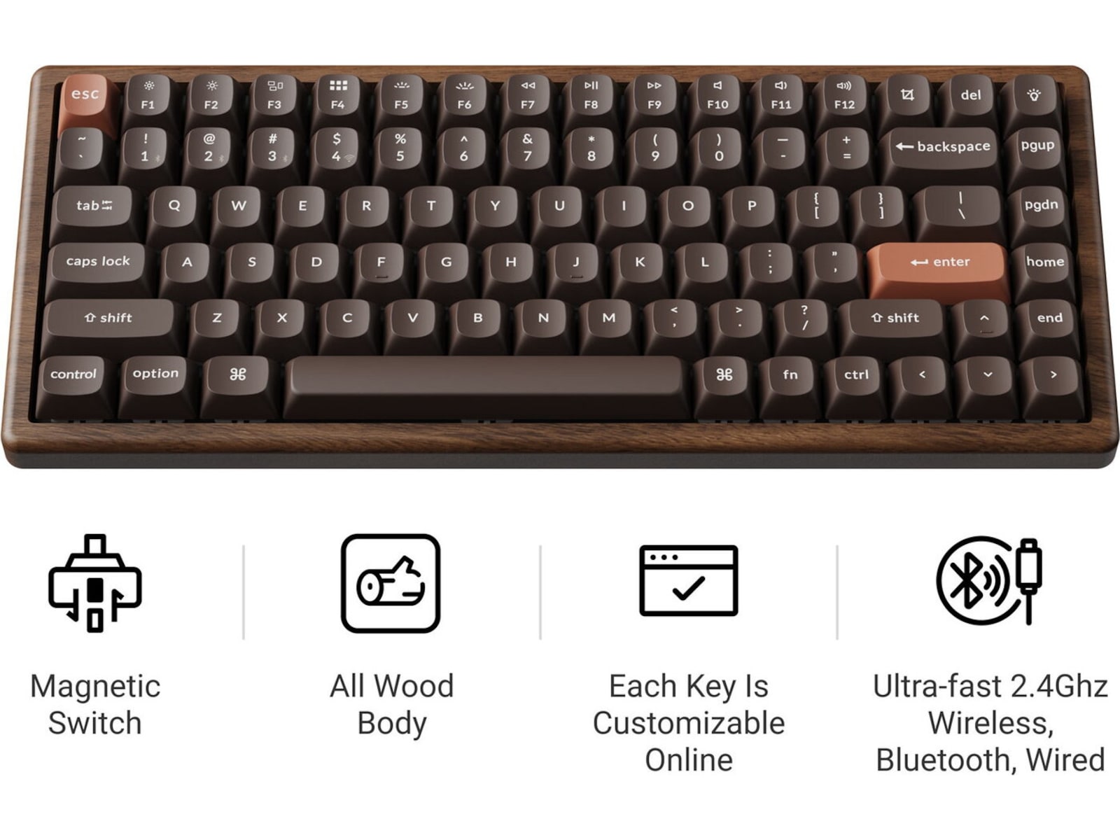 Keychron K2H-F1W-BO mekanisk tastatur 75% trådløst (valnøtt) Gamingtastatur