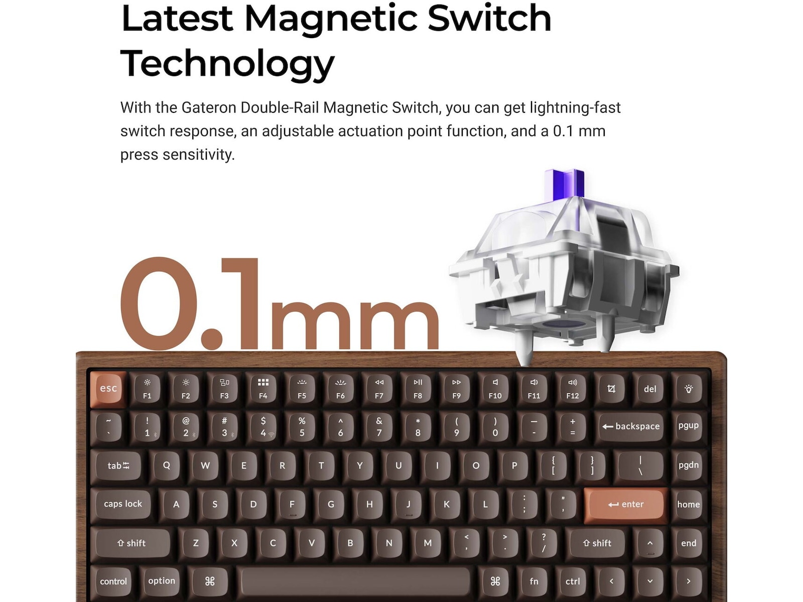 Keychron K2H-F1W-BO mekanisk tastatur 75% trådløst (valnøtt) Gamingtastatur