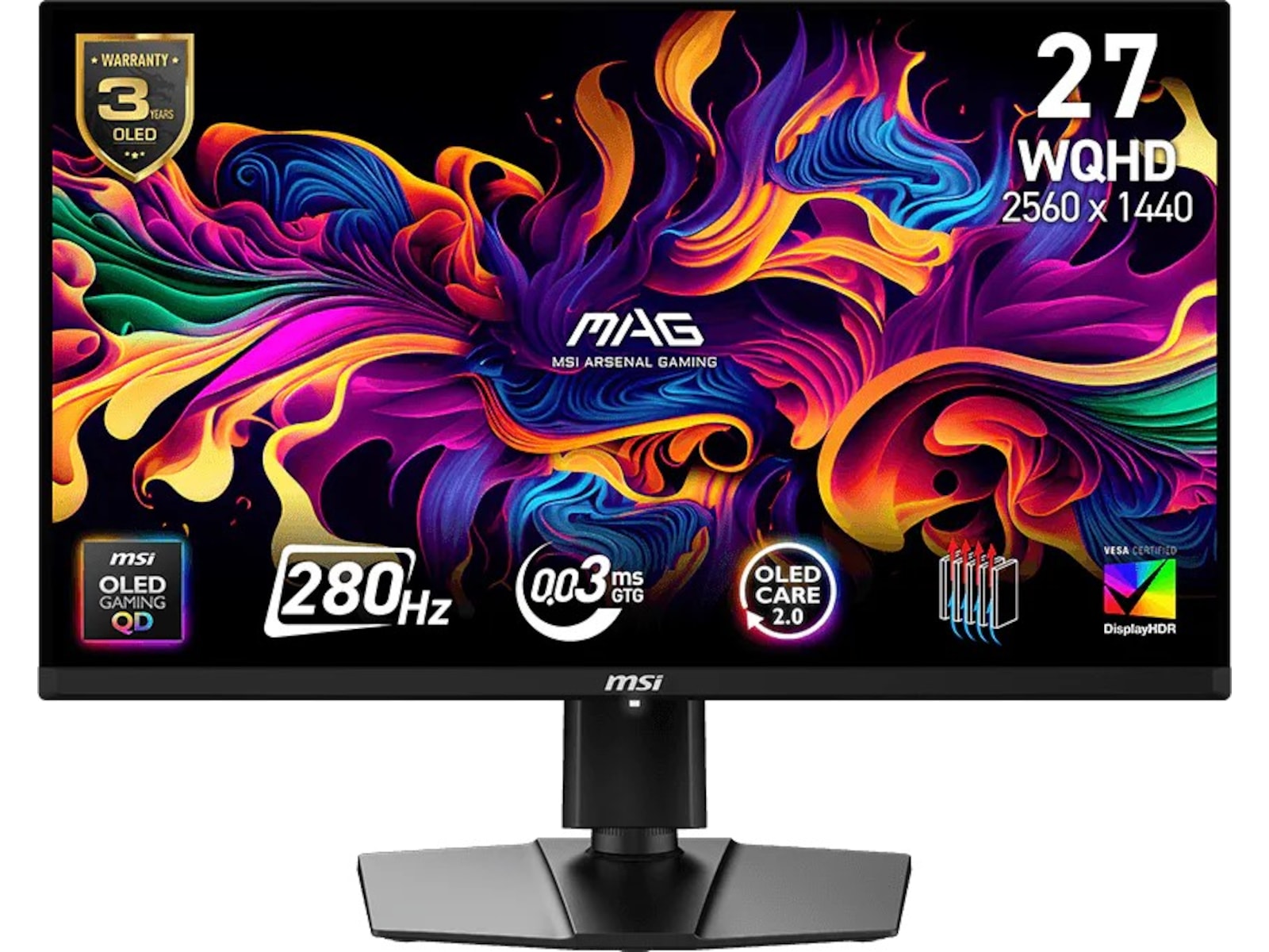 MSI MAG 27" gamingskjerm 271QP X28 2560x1440 QD-OLED, 280 Hz, 0,03 ms, 1,5 m:1, 2xHDMI/DP/USB-C (15 W)