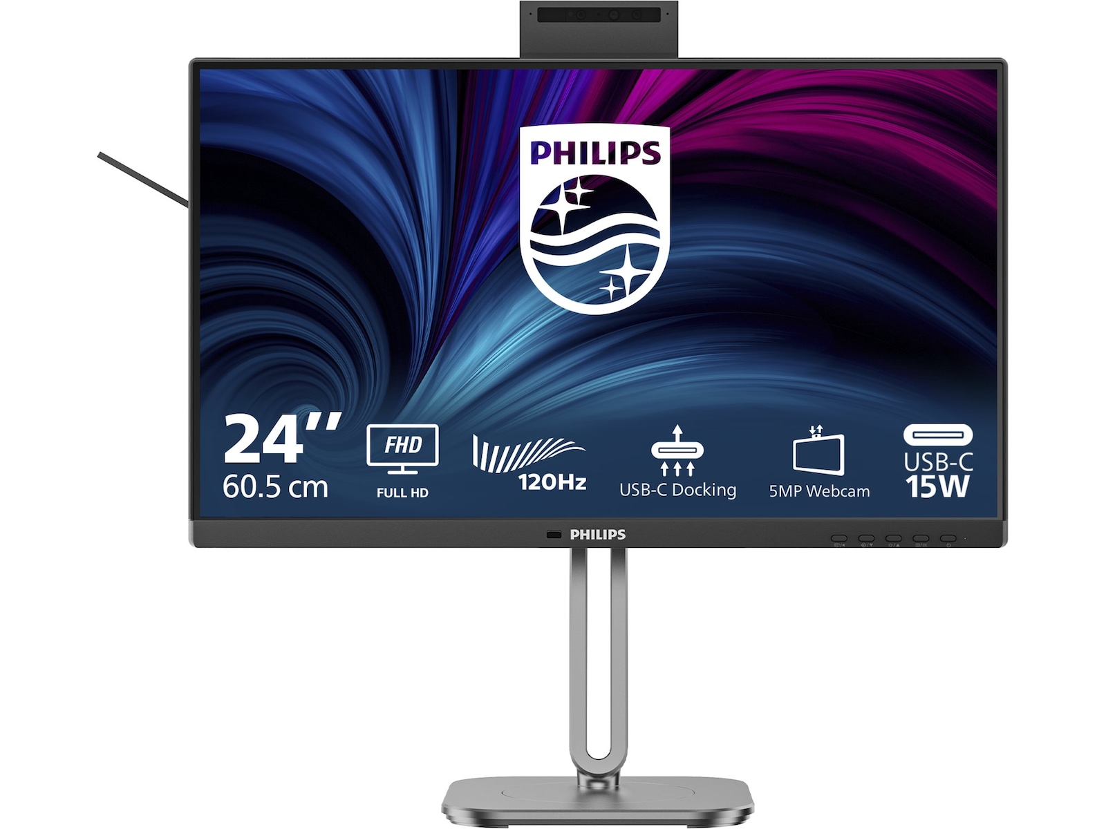 Philips 24" skjerm 24B2U4301H/00 1920x1080 IPS, 120hz, 4ms, 1500:1, kamera, RJ45, HDMI/DP/USB-C(96w)