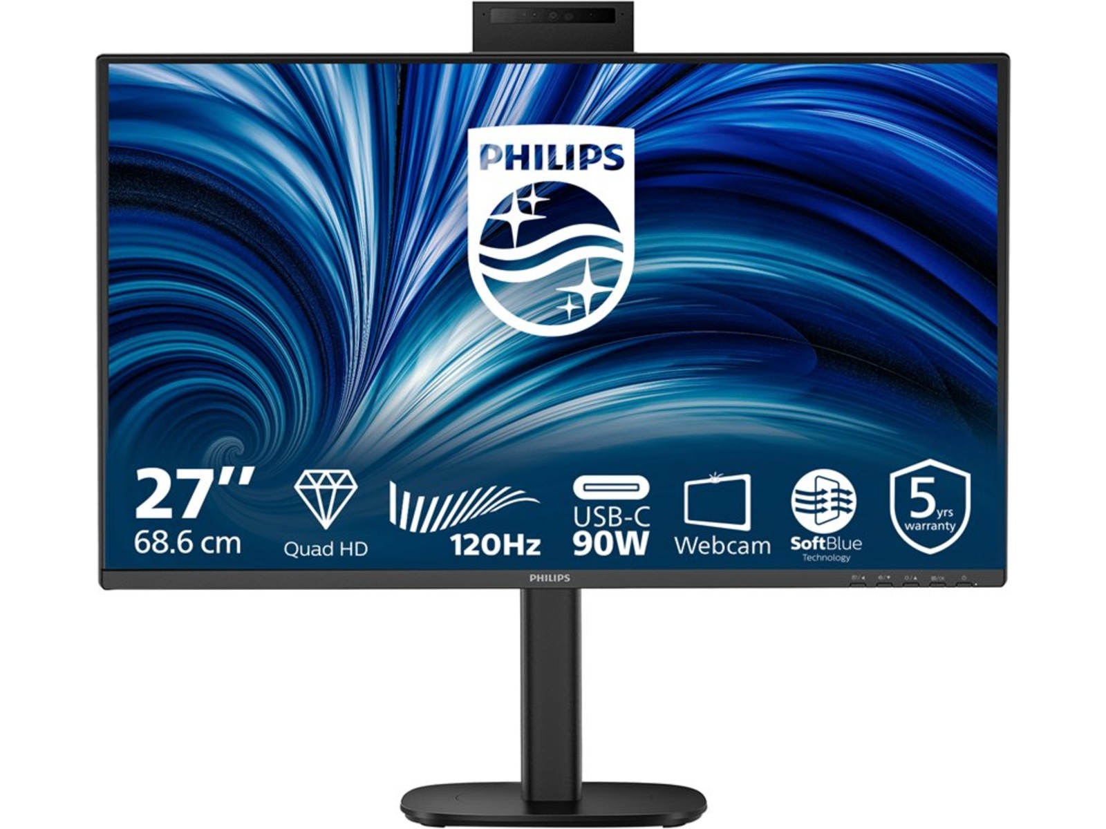 Philips 27" skjerm 272B2U3601H/00 2560x1440 IPS, 120 Hz, 4 ms, 1500:1, kamera, RJ45, HDMI/DP/USB-C (90 W)