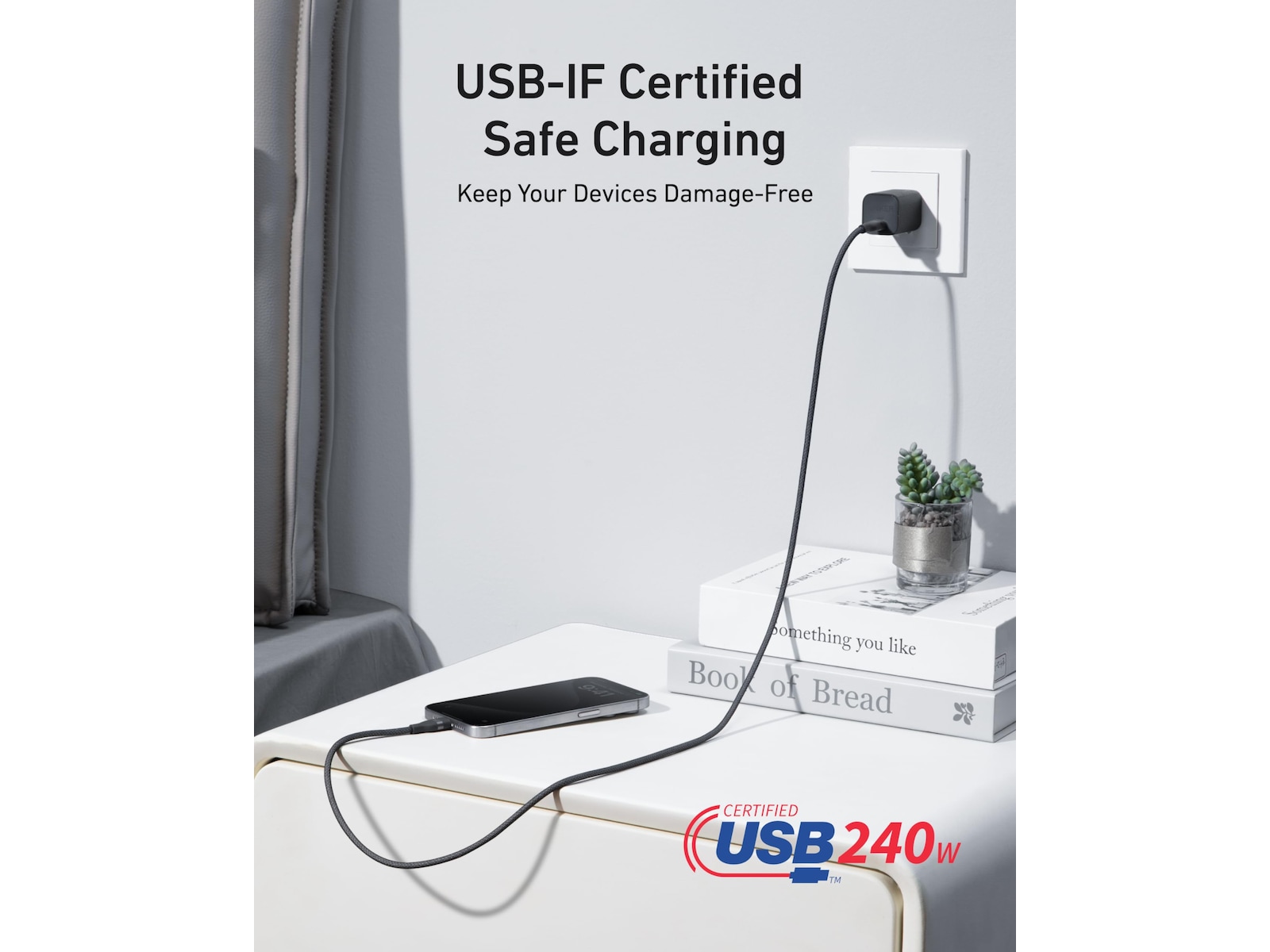 Anker 240W USB-C flettet kabel 0,9m (hvit) USB-kabler